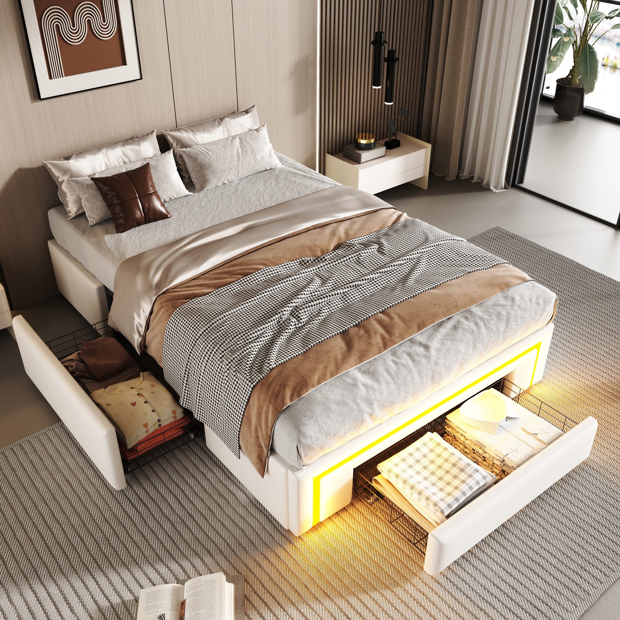 OKWISH Polsterbett Kinderbett Stauraumbett (90x200 mit LED & Schubladen ohne Kopfteil, Modernes Plattformbett, Ideal für Schlafzimmer & Gästezimmer), mit Matratze