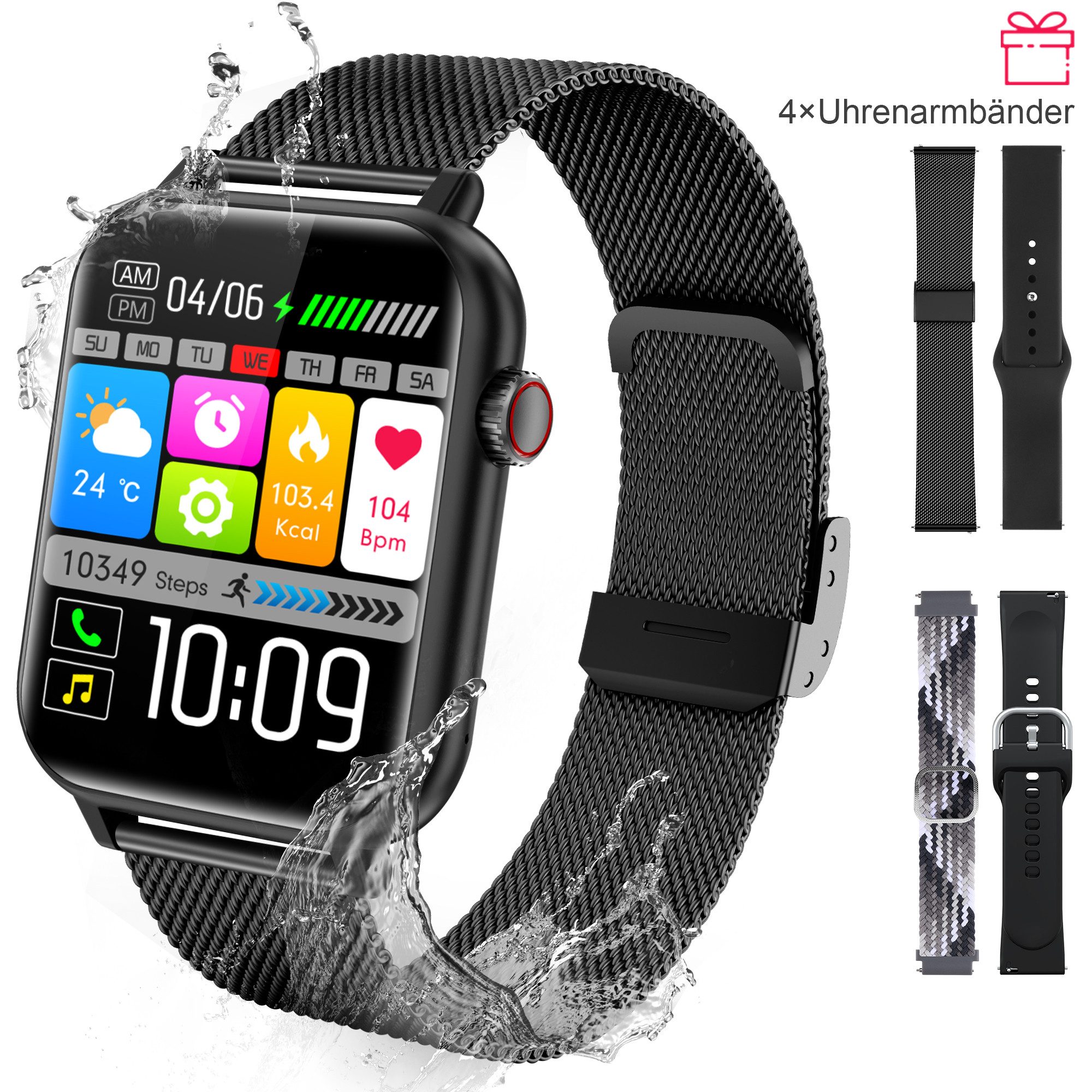 walkbee Smartwatch,Fitness Tracker Uhr für Damen Herren mit Telefonfunktion Smartwatch (5 cm/1.96 Zoll Full-Touch Zoll) 4 Austauschbare Armbänder,Frauengesundheit,Fitness Tracker mit Schrittzähler, Always-on-Screen-Funktion IP67 Wasserdicht Fitness Uhr, Blutsauerstoffmessung,Sportuhren mit Herzfrequenzmessung