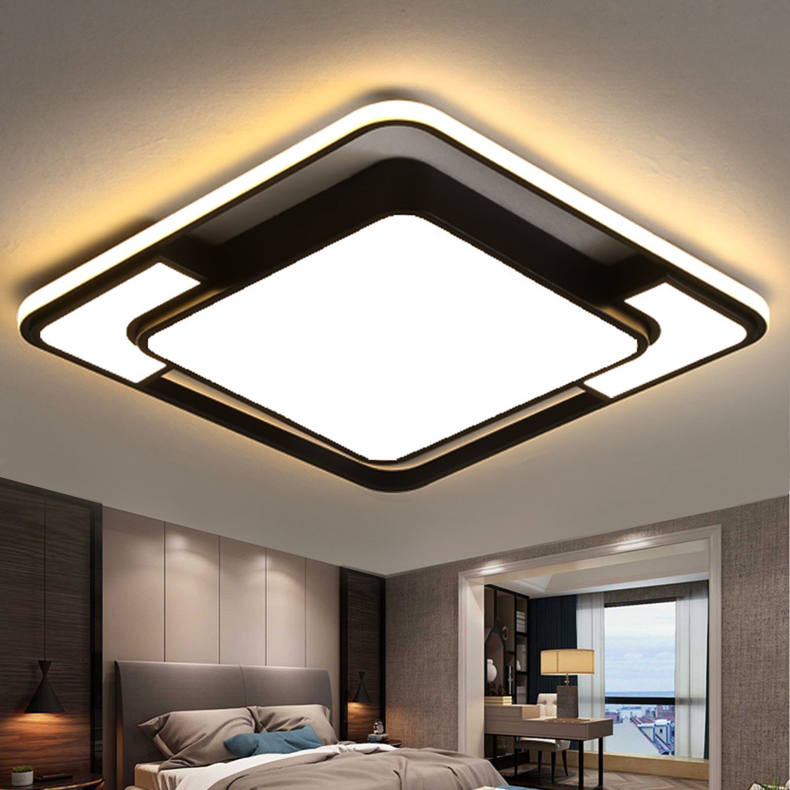 style home Deckenleuchte LED Deckenlampe dimmbar mit Fernbedienung, 90W, Warmweiß bis Kaltweiß 3000K-6000K, quadratisch 42x6 cm, Schwarz, für Wohnzimmer Büro | Deckenlampen