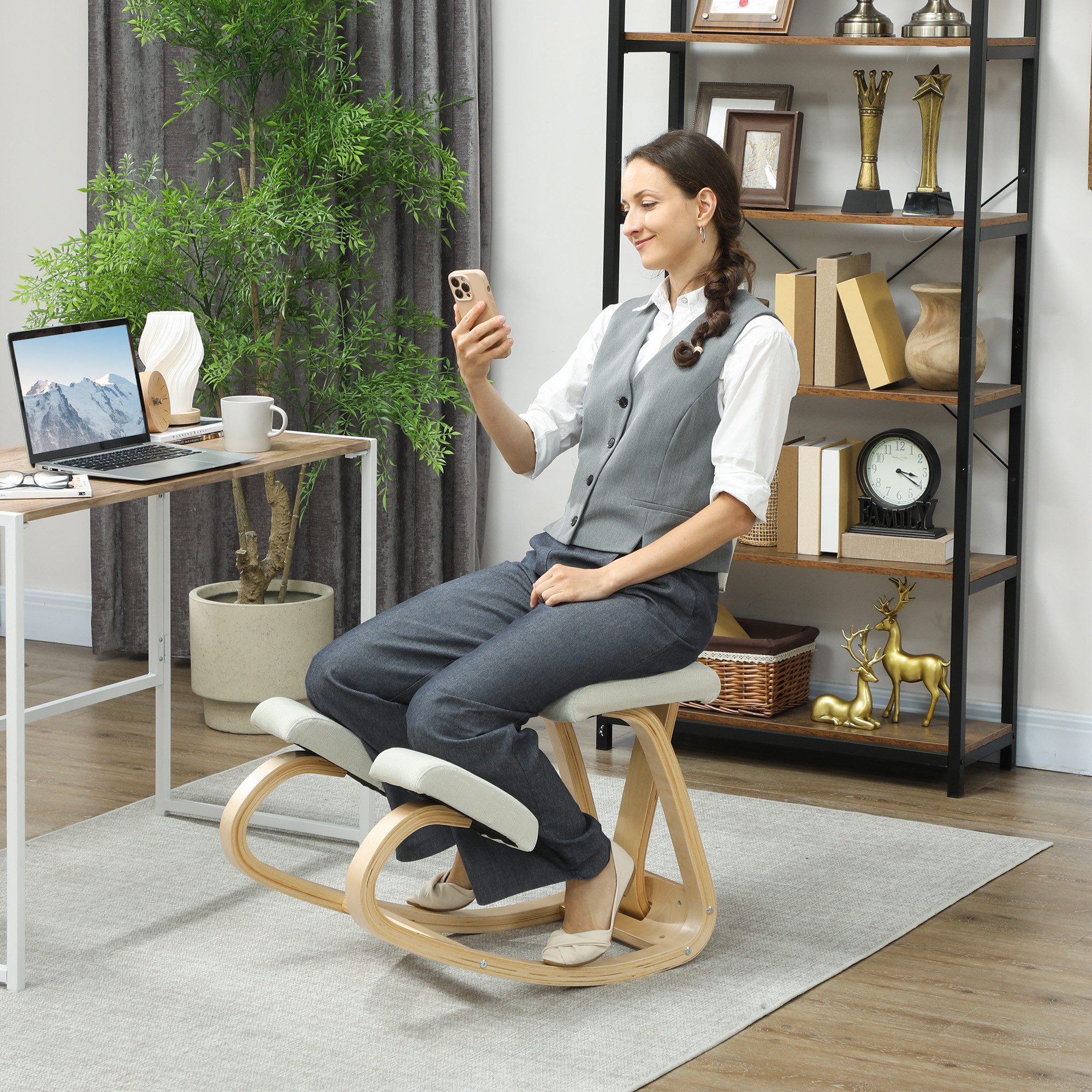 HOMCOM Stuhl Kniehocker Gesundheitsstuhl für Zuhause, Lindern & Körperhaltung (Ergonomischer Kniestuhl, 1 St), zur Verbesserung der Nackenschmerzen Rückenschmerzen Cremeweiß