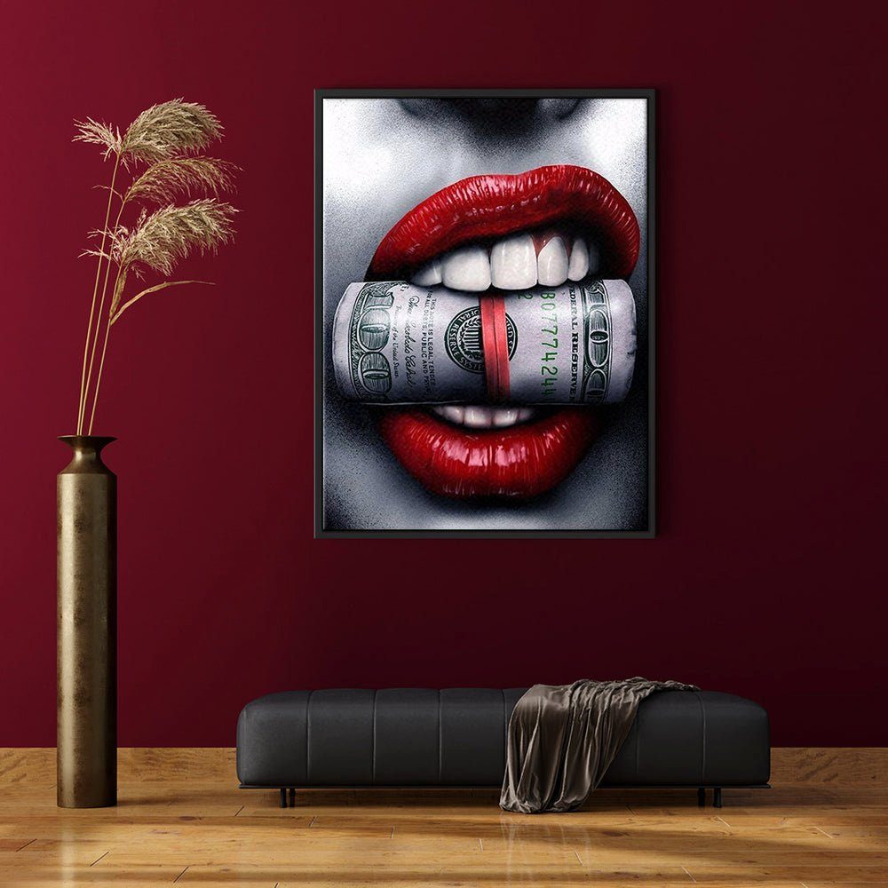 Sexy Frau Popart Geldbündel DOTCOMCANVAS® mit Leinwandbild, Wandbild schwarzer von Rahmen