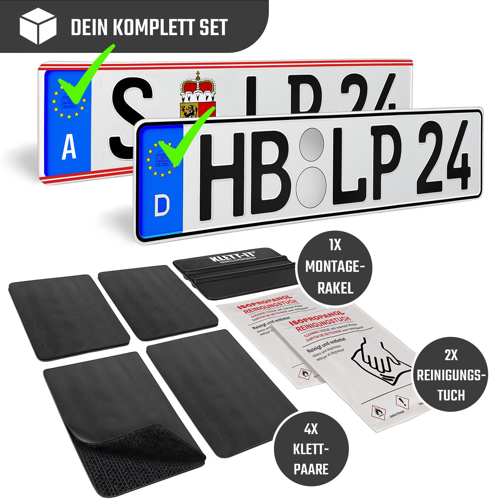 L & P Car Design Kennzeichenhalter Kennzeichenhalter rahmenlos Auto Motorrad Roller 4 Stück 10cm x 5,5cm, (2 Paar (4x Klett / 4x Flausch)