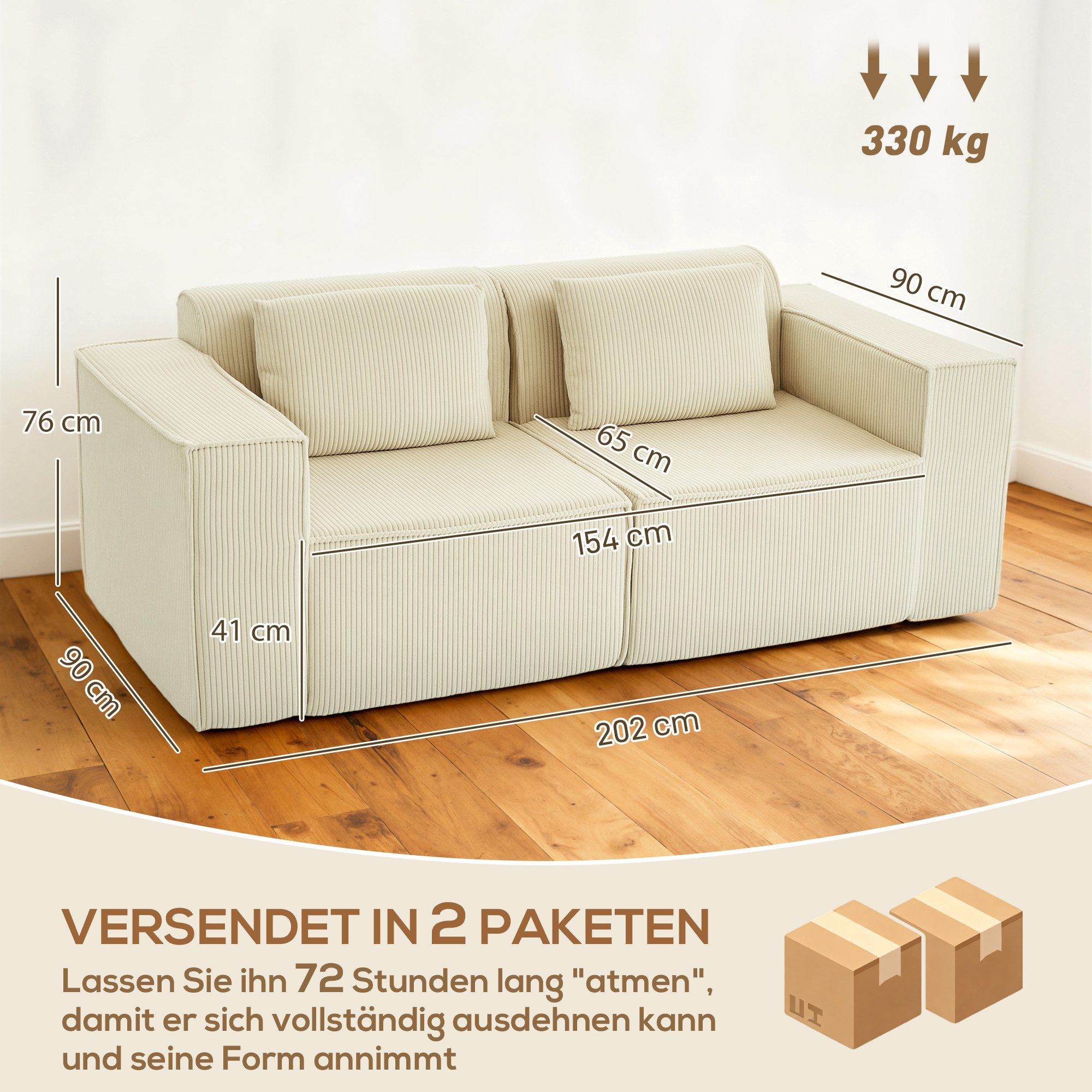HOMCOM 3-Sitzer weiche Schaumstoffstruktur, breite Armlehnen, 2 Kissen, Couch 1 Teile, für Wohnzimmer, Schlafzimmer, Beige