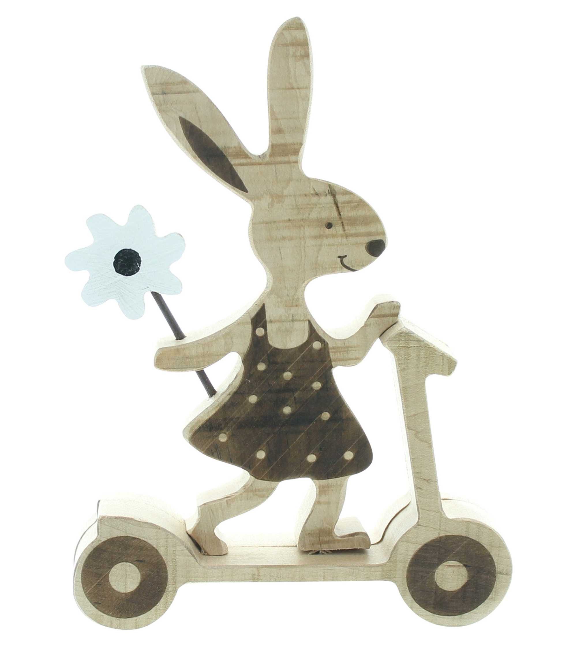 Dekofigur "Hasenmädchen auf Roller" aus recyceltem Holz, Osterhase, Osterdeko