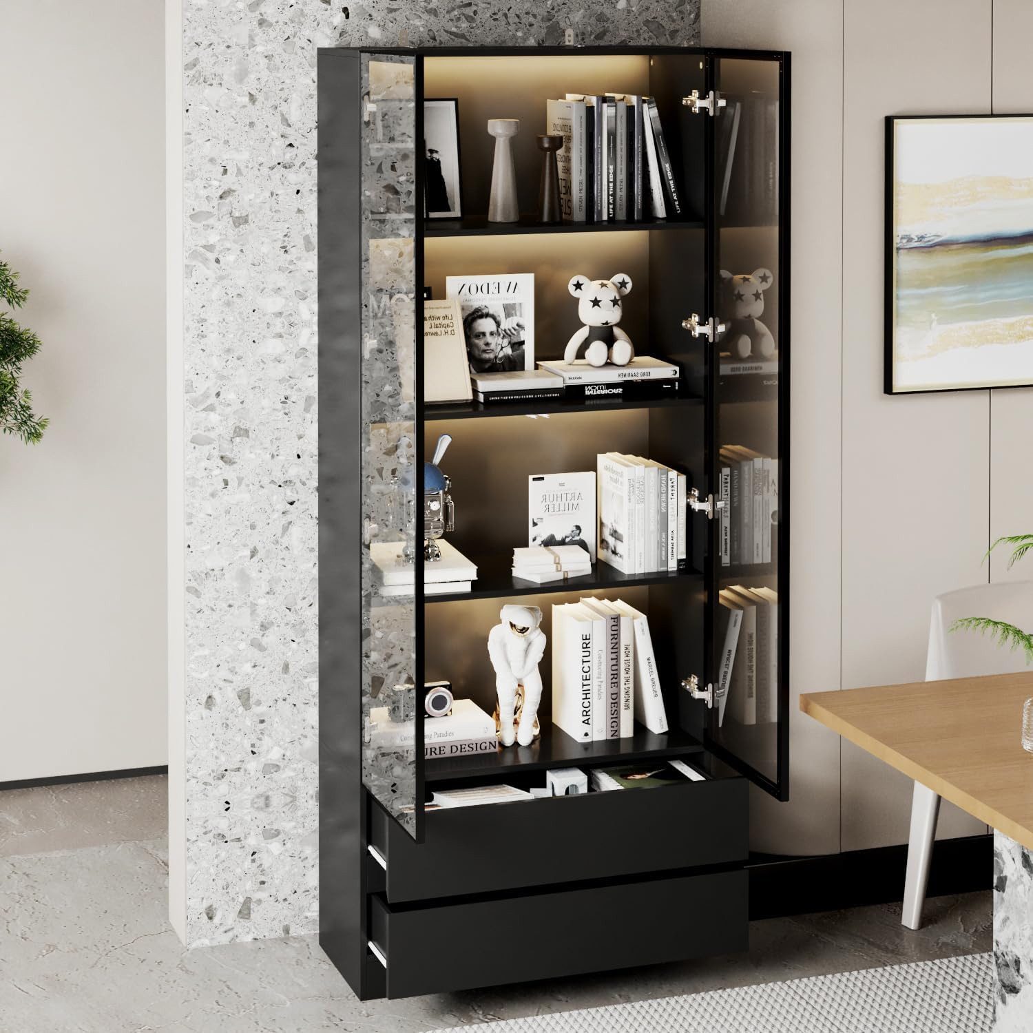 FUFU&GAGA Glasvitrine mit LED 200cm Vitrine Weiss Schwarz/ Weiß Glastueren Schubladen