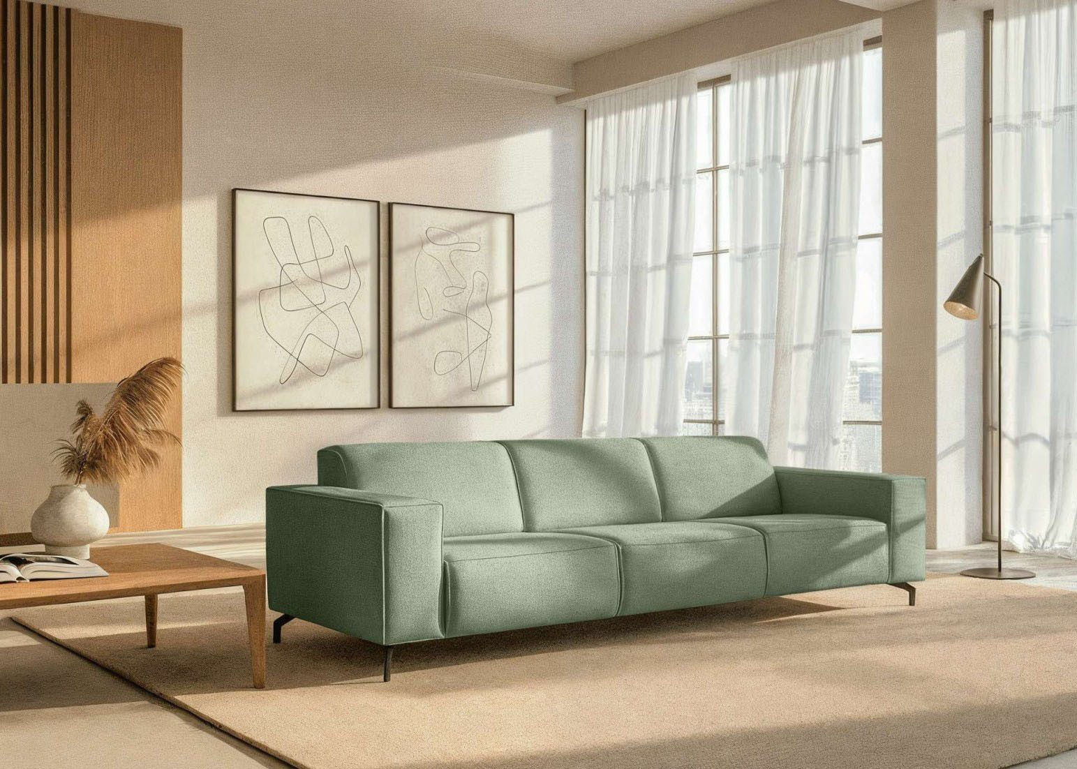 Home affaire 3-Sitzer Lorcan 257 cm, weiches Sitzgefühl, mit schwarzen Metallfüßen, Lederoptik und in weichem Strukturstoff