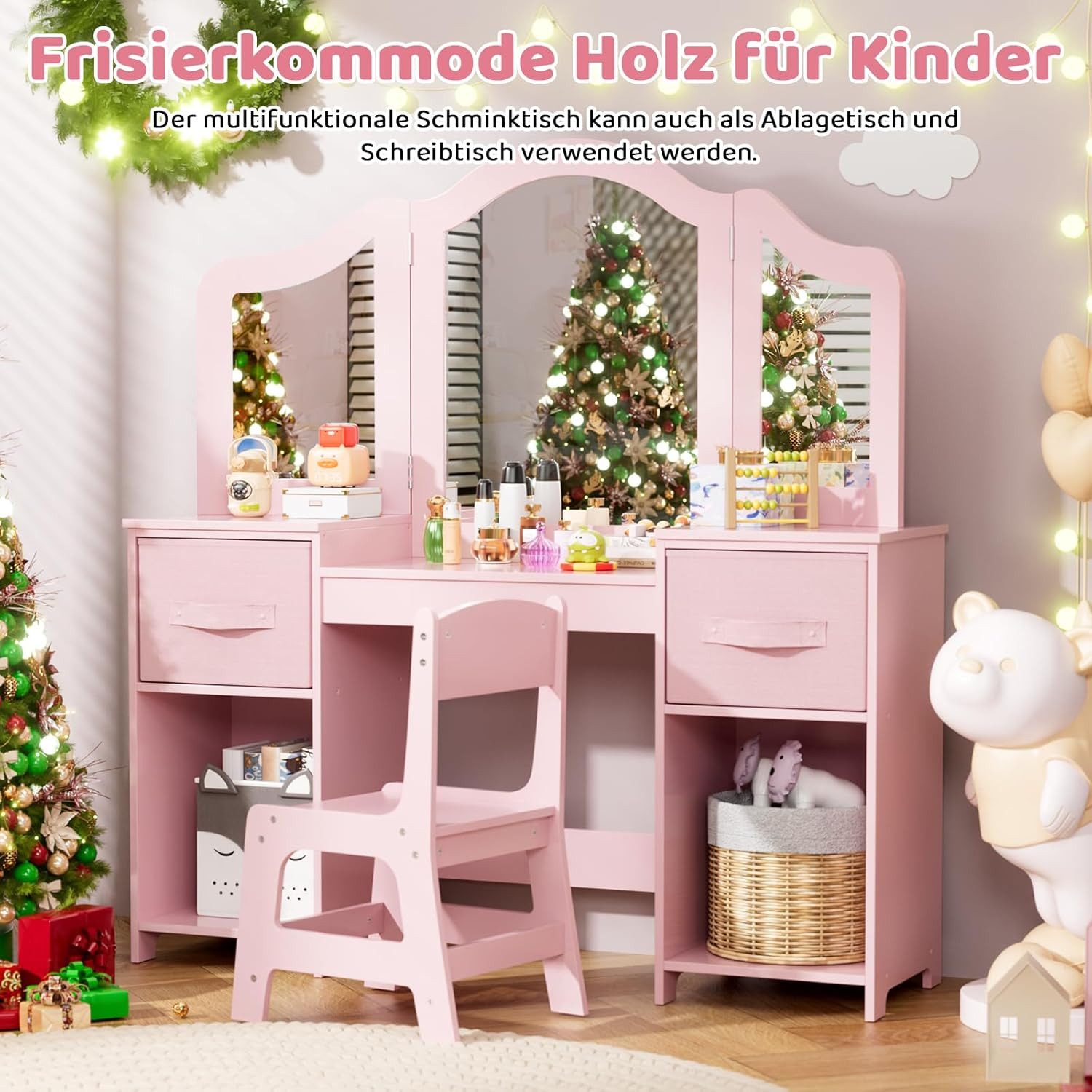 TLGREEN Schminktisch Kinderschminktisch 2 in 1,mit Abnehmbarem Spiegel (108x30x114 cm), Schminktisch Mädchen,Schreibtisch mit Hocker