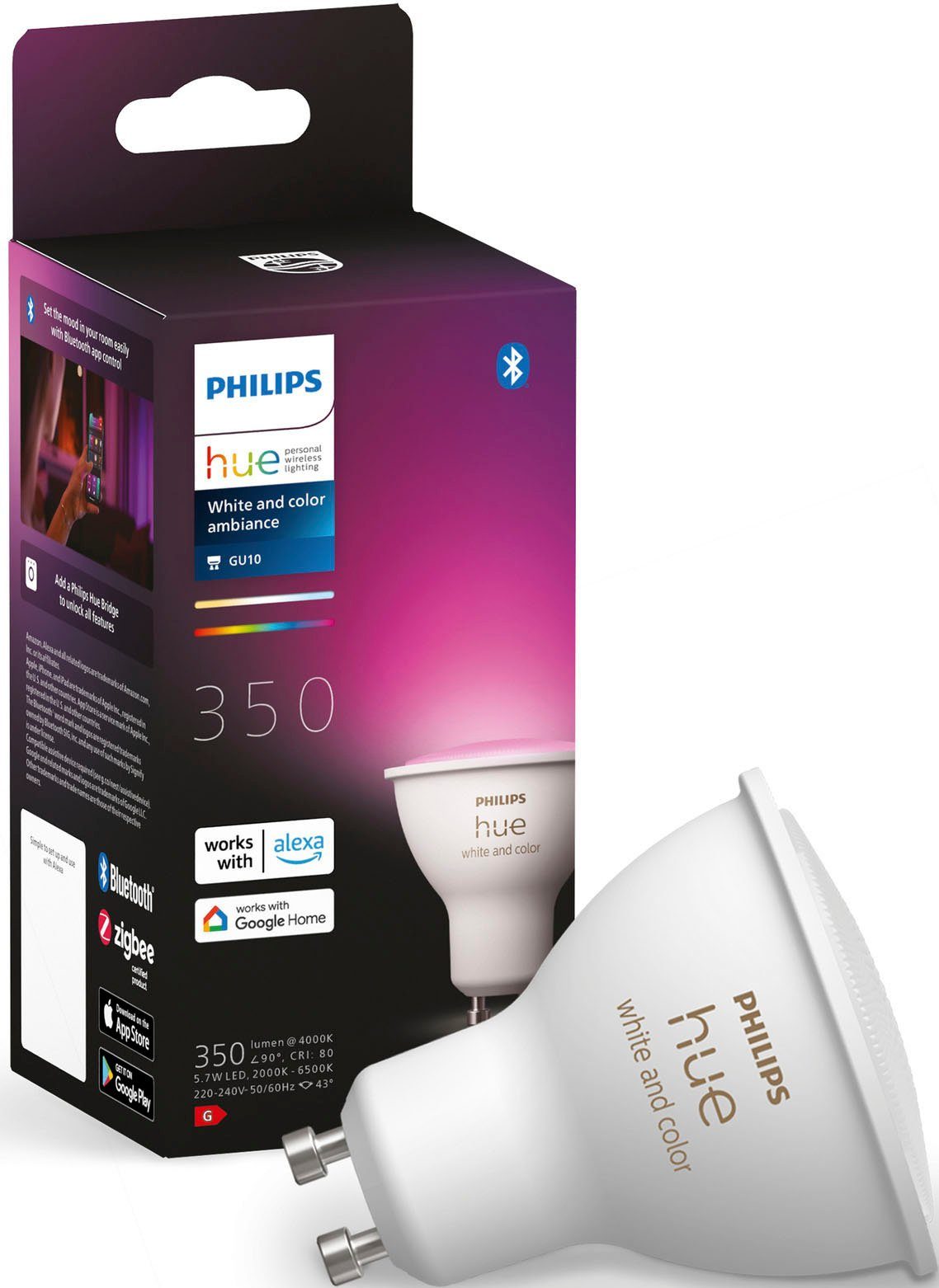 Philips Hue LED-Leuchtmittel White & Col. Amb. GU10 Einzelpack 230lm!, GU10, 1 St., Farbwechsler, Warmweiß