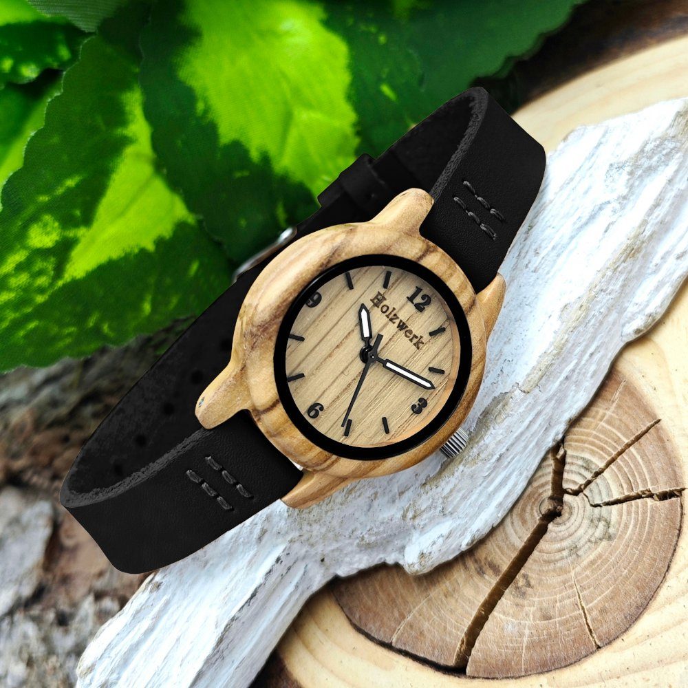 Holzwerk Quarzuhr kleine moderne Kinder Holz & Leder Armband Uhr LIL CLARA, Holz Unikate, Hochwertiges Quarzwerk, ideal auch als Geschenk