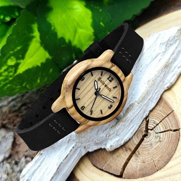 Holzwerk Quarzuhr CLARA BLACK kleine Kinder Holz & Leder Armband Uhr, schwarz, beige