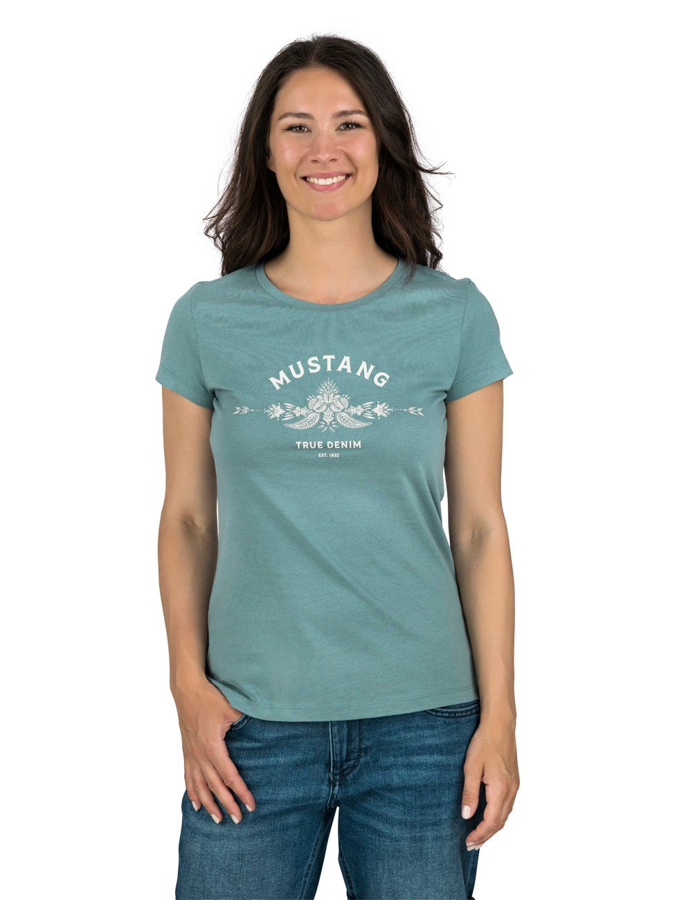 Rundhalsausschnitt MUSTANG Logo Shirt Tee Baumwolle mit Damen Printshirt aus 100% Alexia Slim T-Shirt Logo C (1-tlg) Basic Fit Kurzarm
