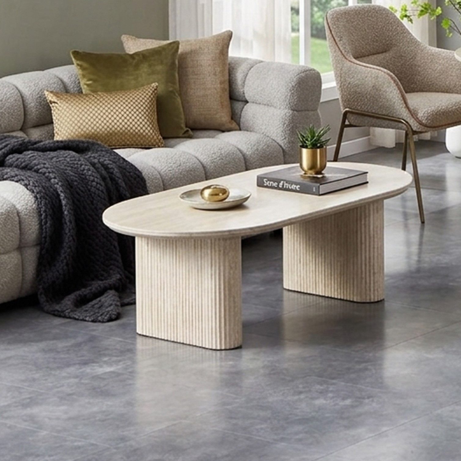 HOOZ Wohnzimmertisch Couchtisch oval Keramikplatte Traventin-Optik Säule Mond 130x70 cm (Set, 1× Couchtisch), Keramik-Tischplatte, verschiedene Varianten, pflegeleicht & stabil