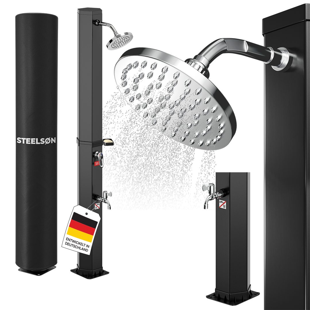 STEELSØN Solardusche Xypher Regendusche bis 60° C inkl. Abdeckhaube (60 L, ohne Boden), Hexagon Gartendusche, wasserfeste Pooldusche, verfügbar mit/ohne Boden