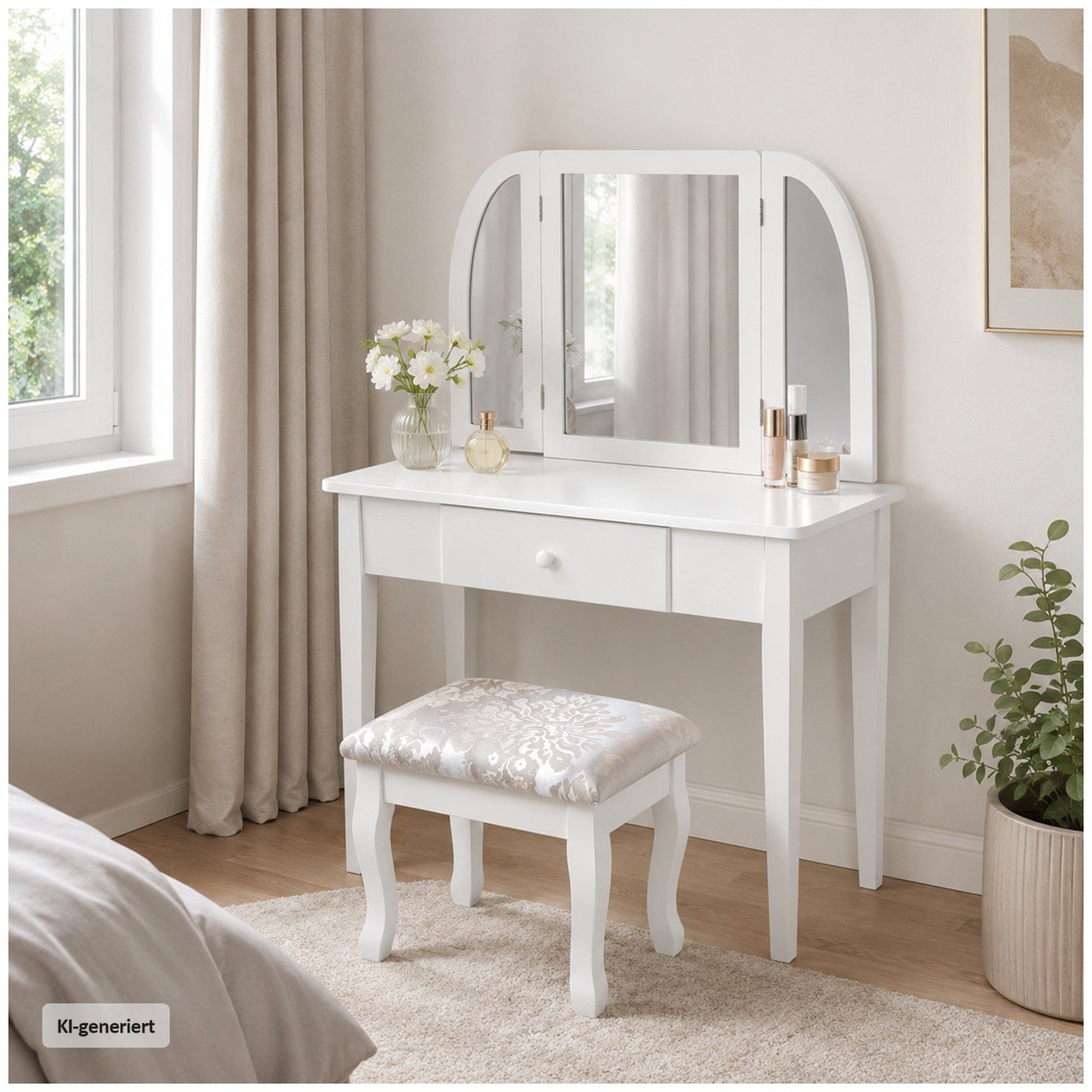 HTI-Living Schminktisch Melia aus Paulowniaholz mit Hocker und 3 fach Spiegel Weiß (Stück, 1-St., 1x Schminktisch Melia, 1x Hocker)
