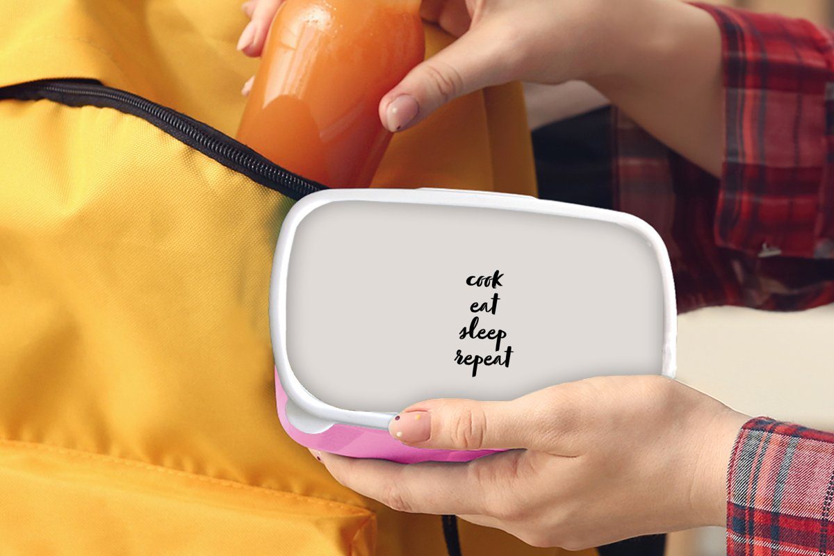 MuchoWow Lunchbox Zitate - - schlafen Brotbox Kunststoff, essen Kochen Mädchen, Kinder, Snackbox, Brotdose Sprichwörter Erwachsene, Essen - wiederholen für (2-tlg), rosa Kunststoff 