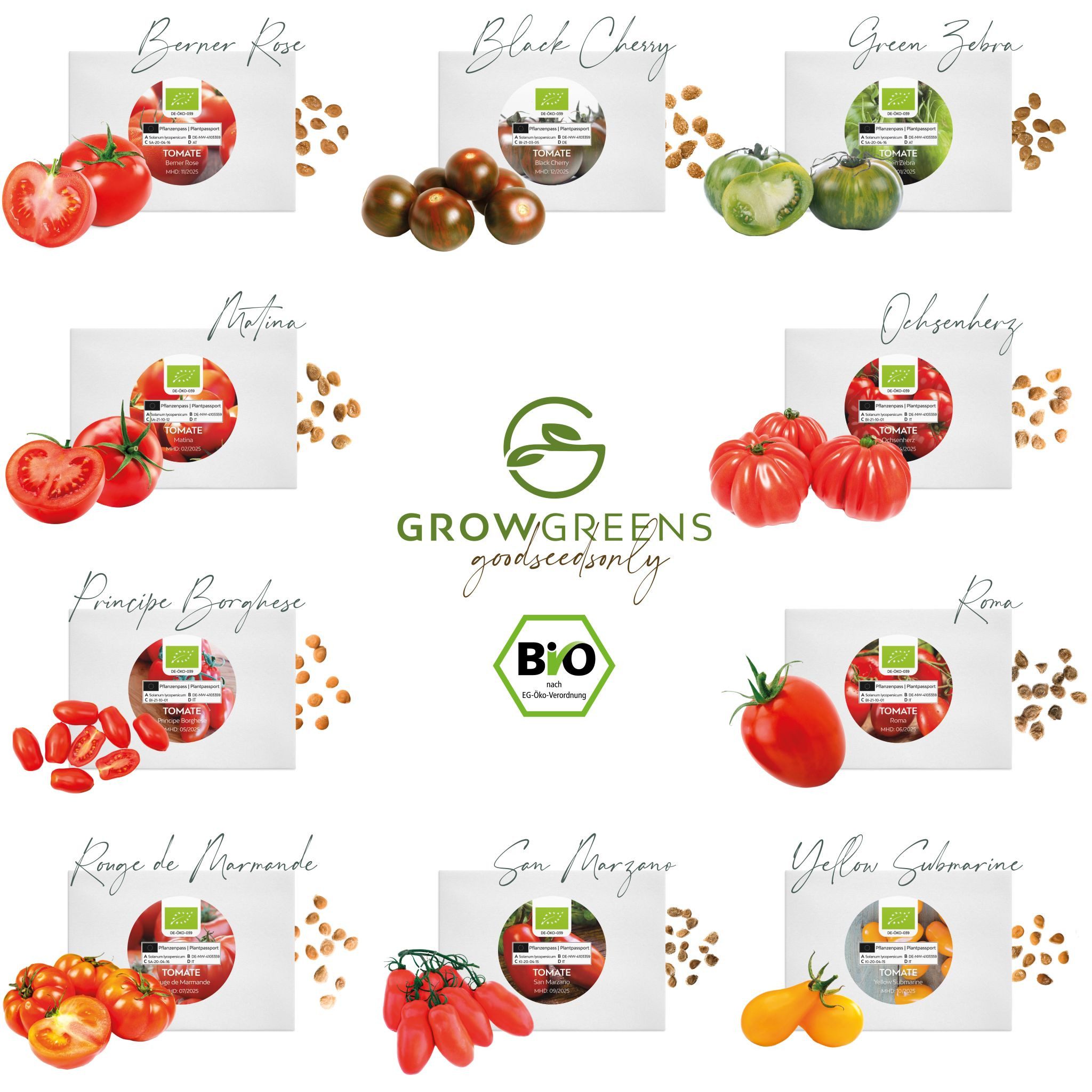 Growgreens Gemüsesamen BIO Tomatensamen Set (10 Sorten) - Tomaten Anzuchtset aus bio. Anbau, Gemüse