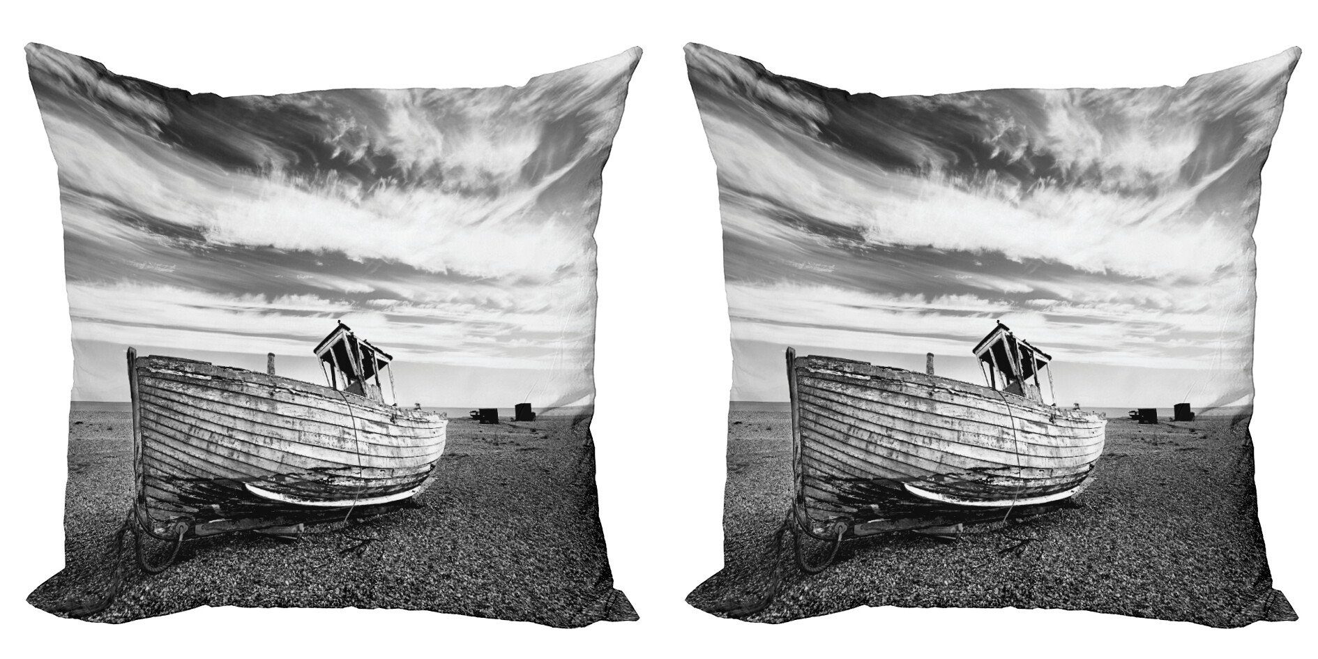 Kissenbezüge Modern Accent Doppelseitiger Digitaldruck, Abakuhaus (2 Stück), Grau Holzboot am Strand Abenddämmerung