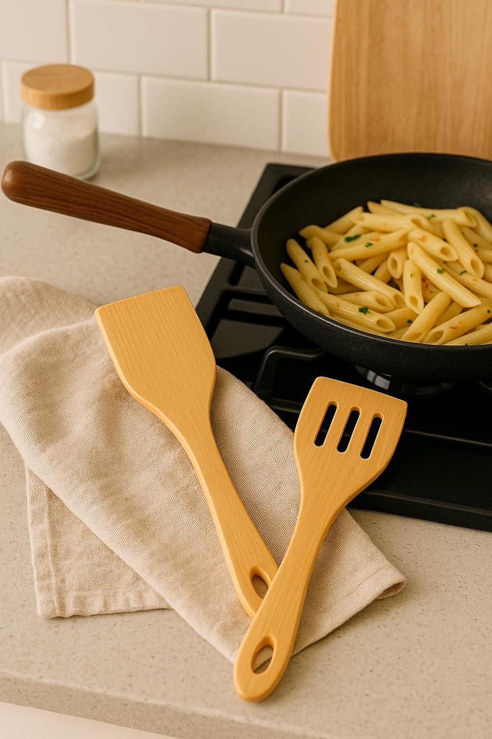 hausleben Pfannenwender Bambus Pfannenwender Set 2-teilig, 30 cm, Natürlich, robust & pfannenfreundlich – Bild 4 von 5