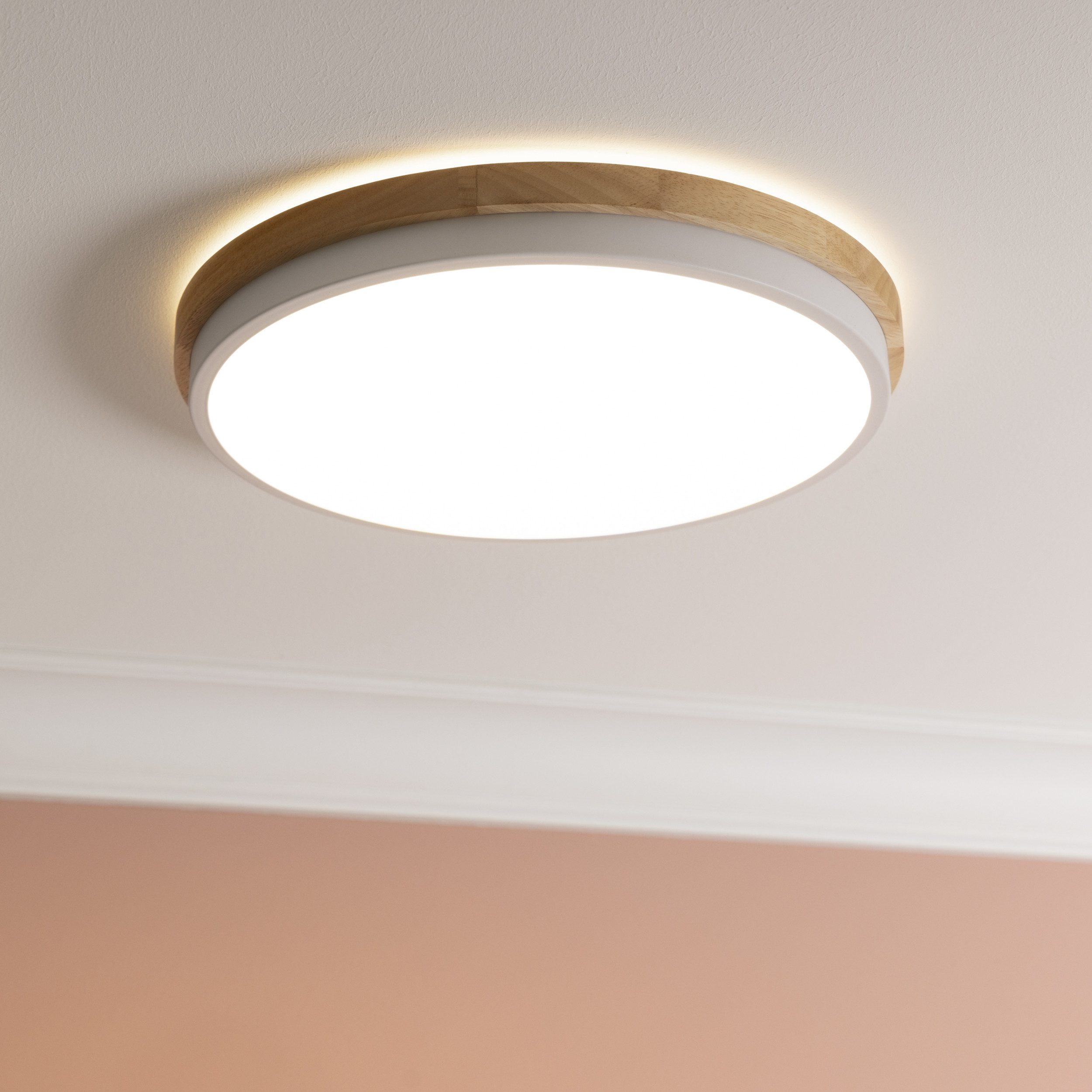 Lightbox Deckenleuchte, LED fest integriert, Warmweiß, LED Deckenlampe, 3-Stufen-Dimmer, Ø 35 cm, Holzfarben, hell