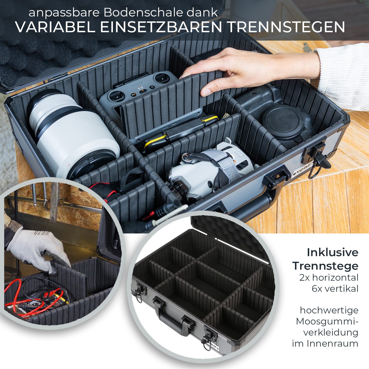 HMF Werkzeugkoffer robuster Alu Transportkoffer, Metallkoffer, mit individueller Facheinteilung, 46x15x33 cm, schwarz