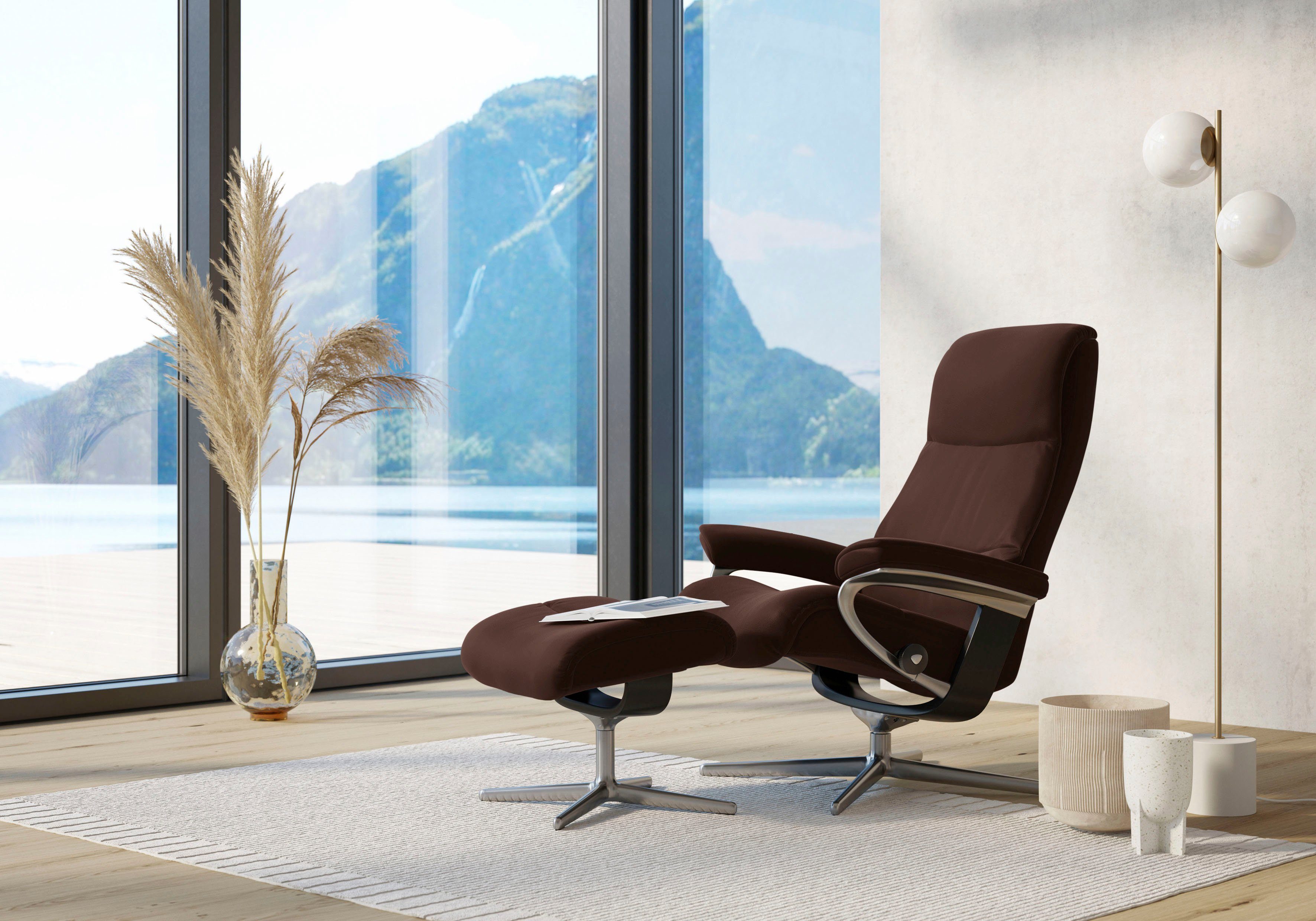 Stressless® Relaxsessel View (Set, Relaxsessel mit Hocker), mit Hocker, mit Cross Base, Размер S, M & L, Holzakzent Schwarz