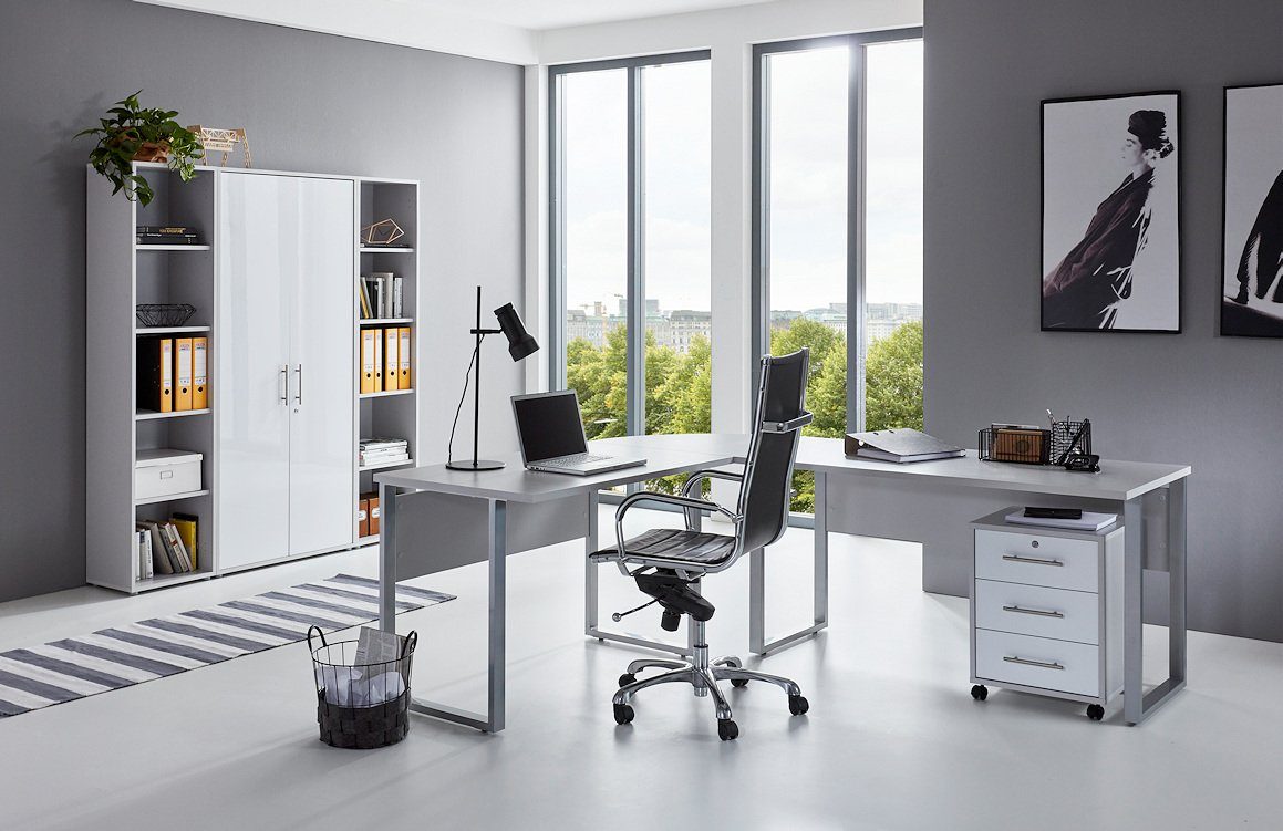 moebel-dich-auf Schreibtisch OFFICE EDITION Set 3 (Büromöbel-Set Aktenschränke abschließbar, Winkelschreibtisch + Rollcontainer + Aktenschrank + Aktenregale), Metallgriffe lichtgrau / weiß Hochglanz