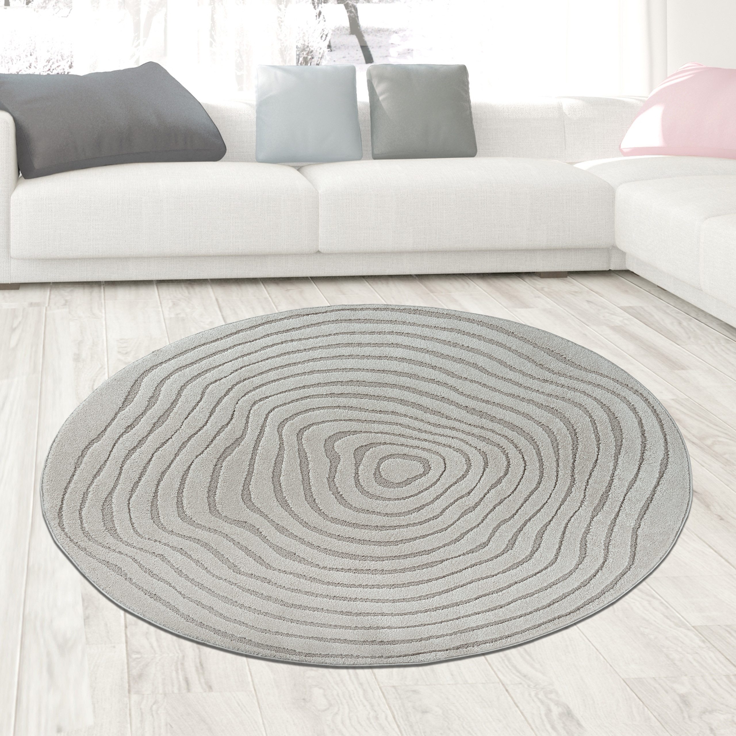 Carpetia Designteppich Kurzflor Teppich mit 3D-Effekt, rund, Höhe: 14 mm, weich, pflegeleicht und für Fußbodenheizung geeignet