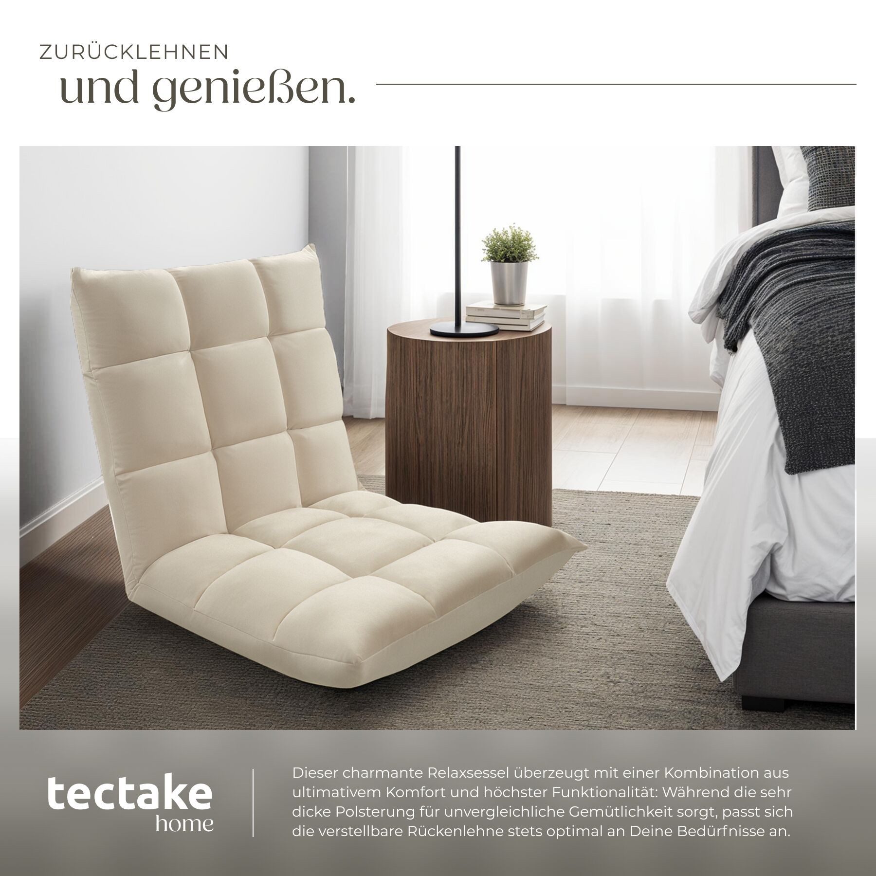 tectake Relaxsessel Polstersessel mit Samtbezug, Belastbarkeit 120 kg, 108 x 57 x 13,5 (Fernsehsessel Snooze, in Beige), 3 in 1, gepolstert, verstellbare Rückenlehne, stabiles Stahlgestell