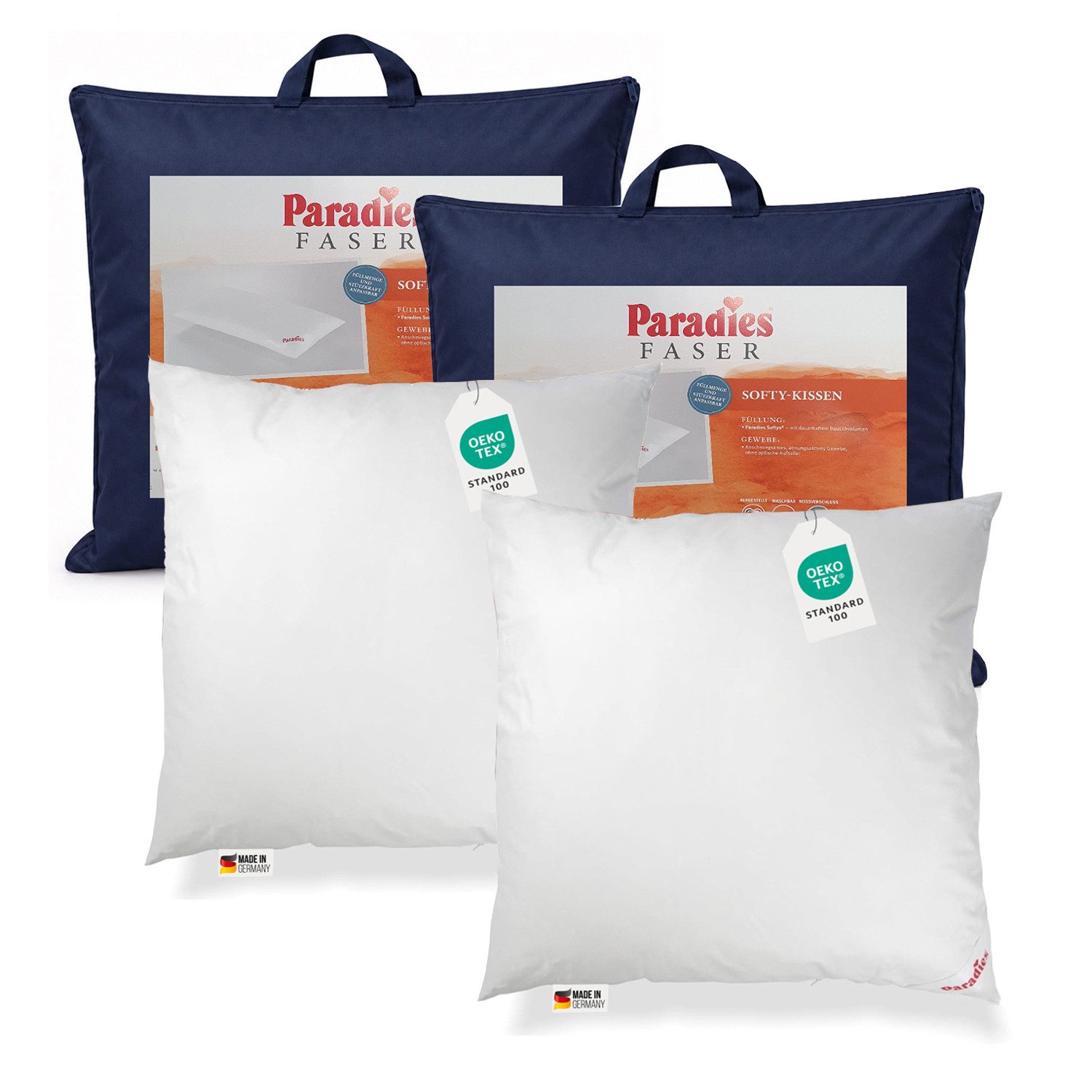 Paradies Kunstfaserkopfkissen 2 Stück Paradies Softy Kopfkissen Kissen Faserkissen 80x80 waschbar, Füllung: Paradies Fill Fasertechnologie für dauerhaft bauschiges Volumen, 100% Polyester, Bezug: 100% Baumwolle, veredelt mit Aloe Vera, Bauchschläfer, Rück