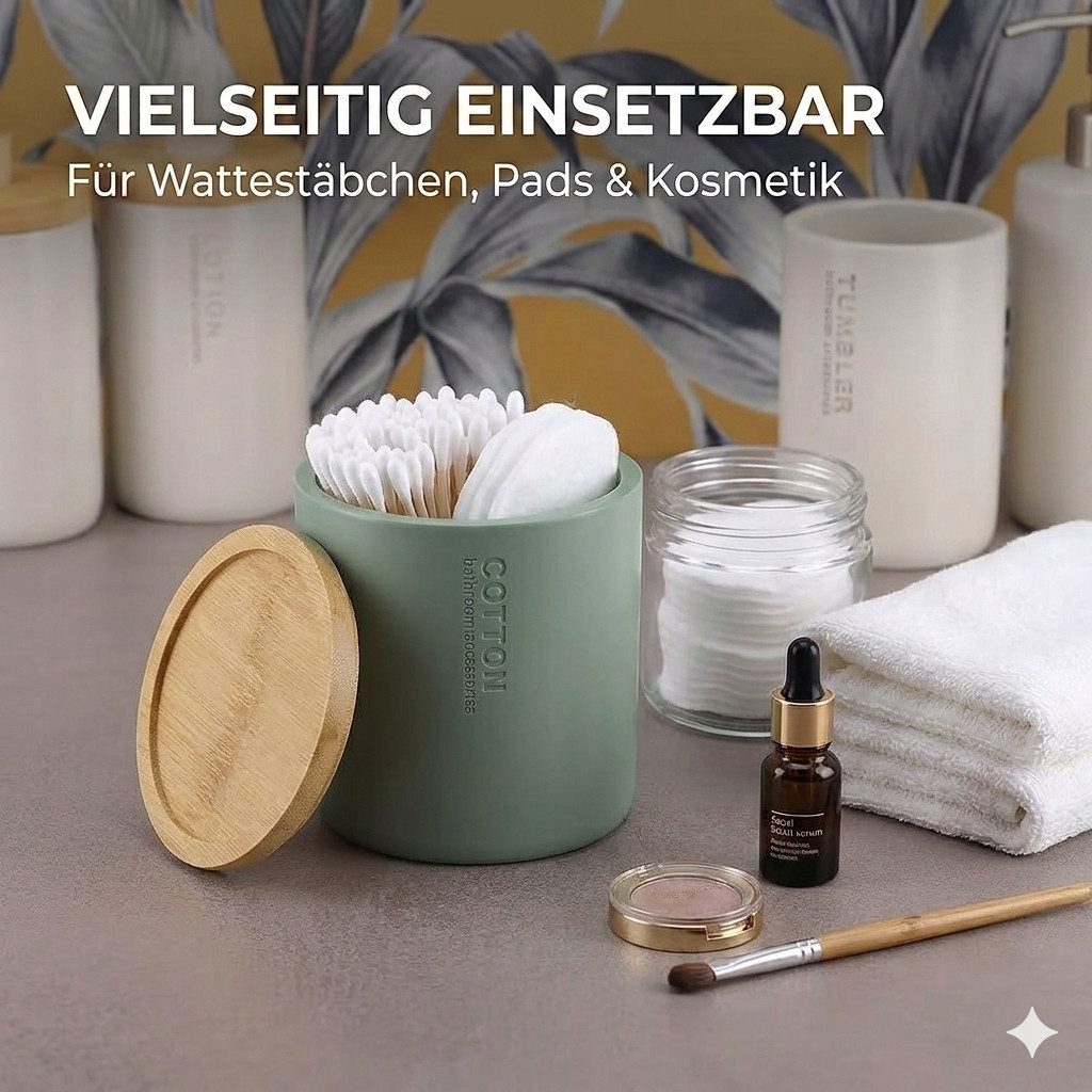 TENDANCE Wattestäbchenspender Wattedose Wattepadspender Kosmetikdose Wattebehälter Polyresin/Bambus