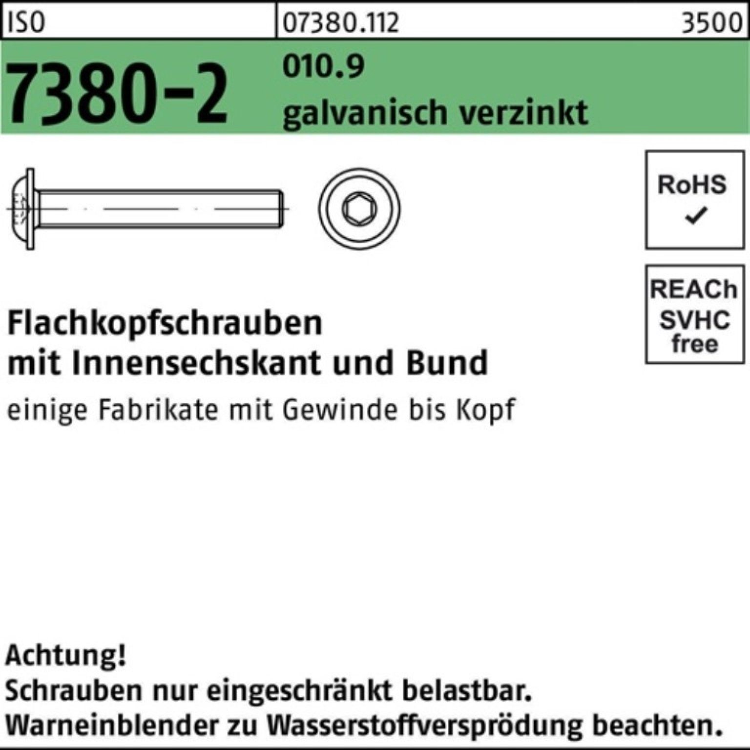 Reyher Schraube 100er Pack Bund/Innen-6kt 010.9 ga 7380-2 M12x30 Flachkopfschraube ISO