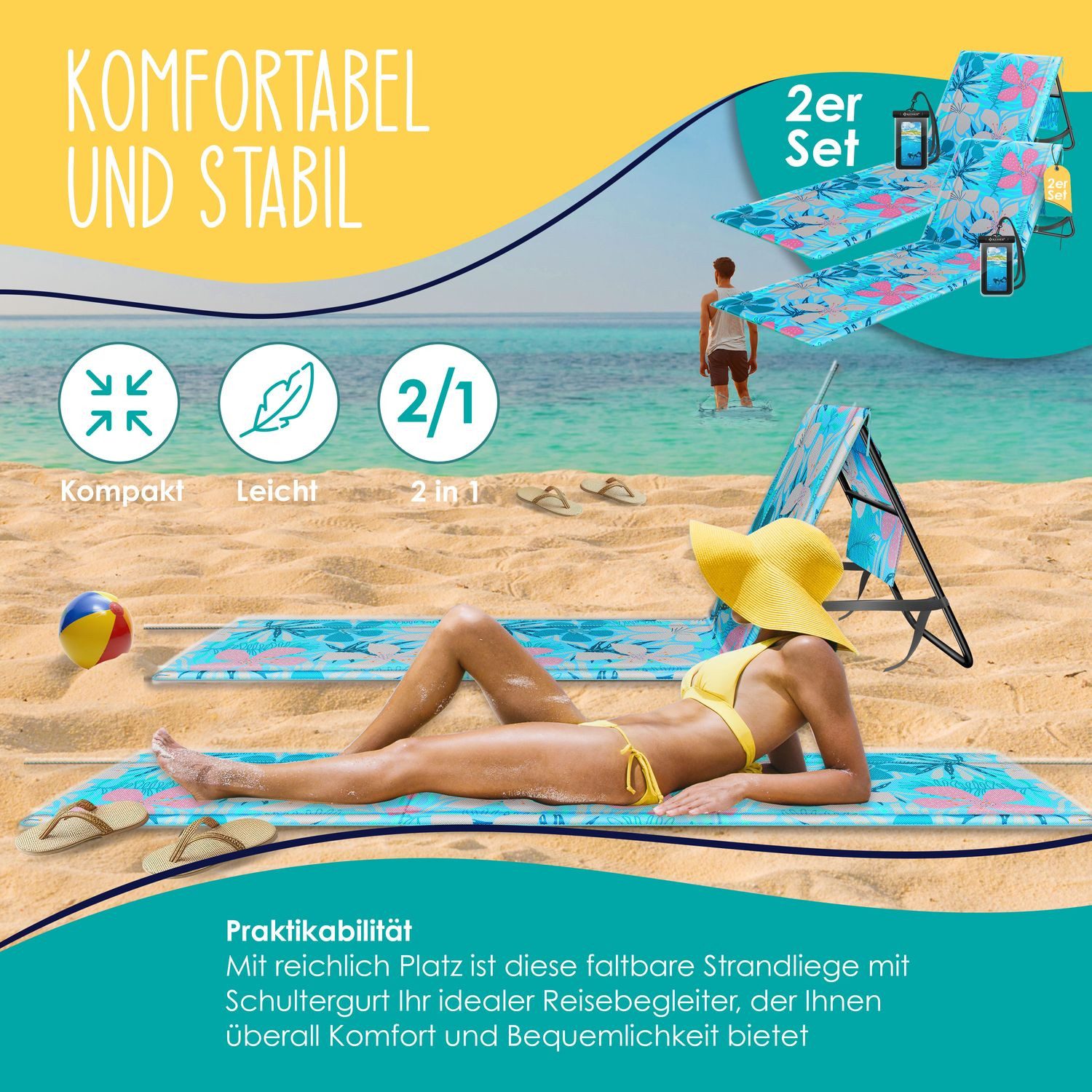 KESSER Gartenliege Strandmatte klappbar mit verstellbarer Rückenlehne max. 130 kg, 2 St., Strandliege mit Tragegurt, wasserdichter Handyhülle & Tragetasche, Sonnenliege faltbar für Strand, Garten & Terrasse Liegematte