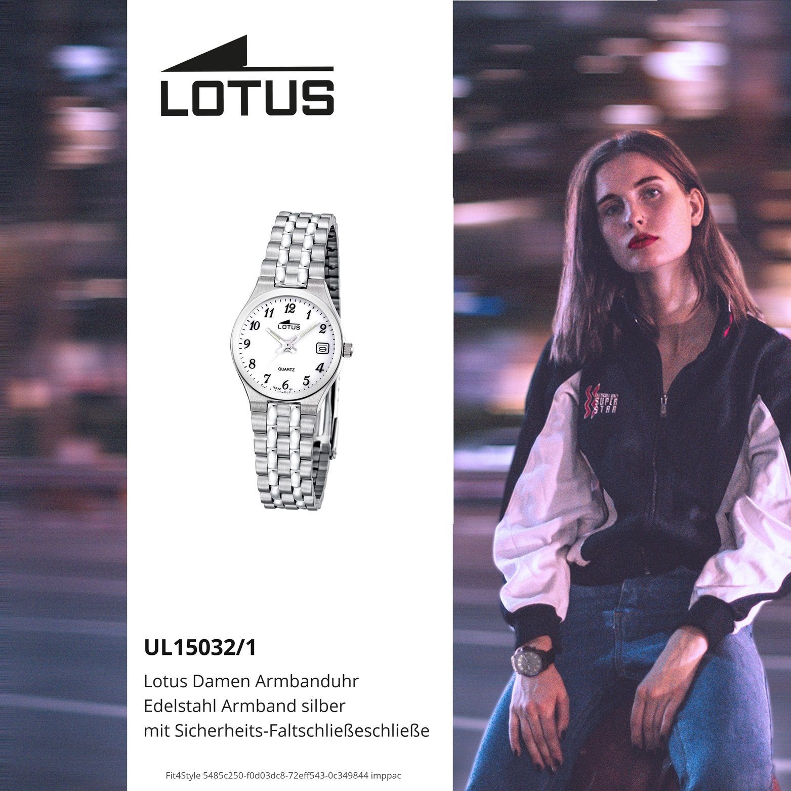 Lotus Lotus 26,3mm), Quarzuhr L15032/1, Damenuhr klein Edelstahlarmband, Edelstahl Ele Uhr mit rundes (ca. Damen Gehäuse,