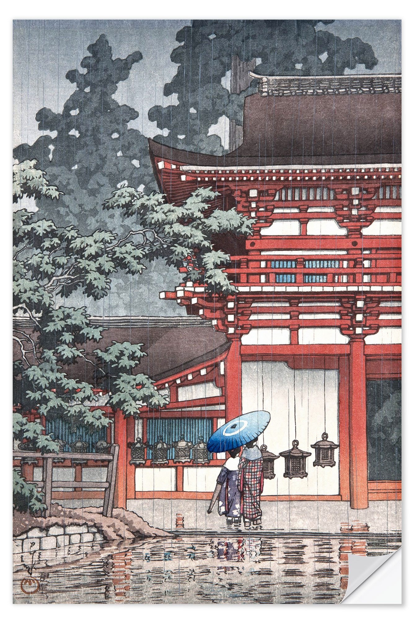Posterlounge Wandfolie Kawase Hasui, Leichter Regen an einem Tempel, Wohnzimmer Malerei