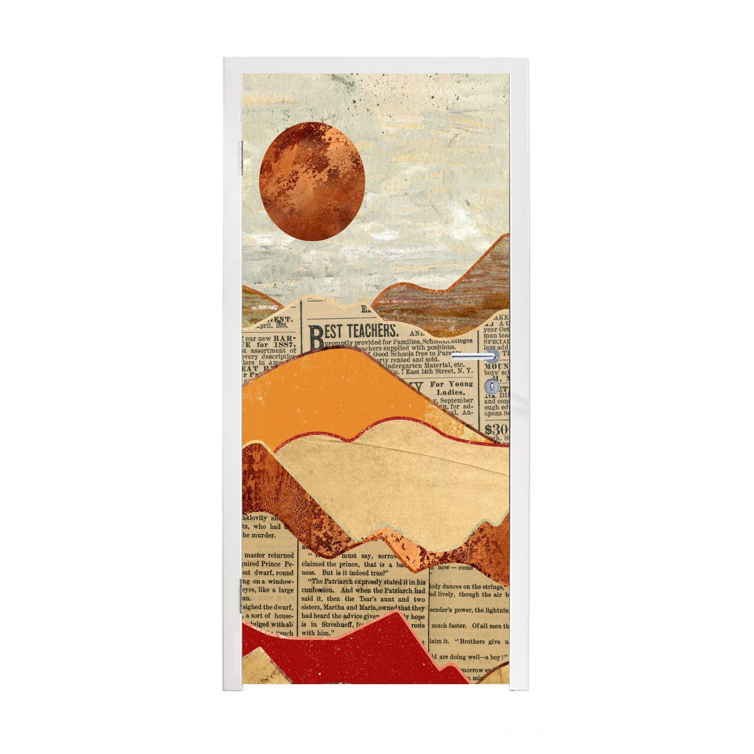 MuchoWow Türtapete Vintage - Zeitung - Bronze - Abstrakt - Landschaft - Farben, Matt, bedruckt, (1 St), Selbstklebende Tapete, Folie für Möbel, 75x205 cm