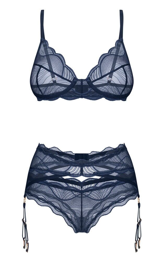 Obsessive Set: Bügel-BH Nightly Blue Dessous-Set: BH, String & Strapsgürtel - blau (3-tlg) Transparente filigrane Spitzen-Optiken
