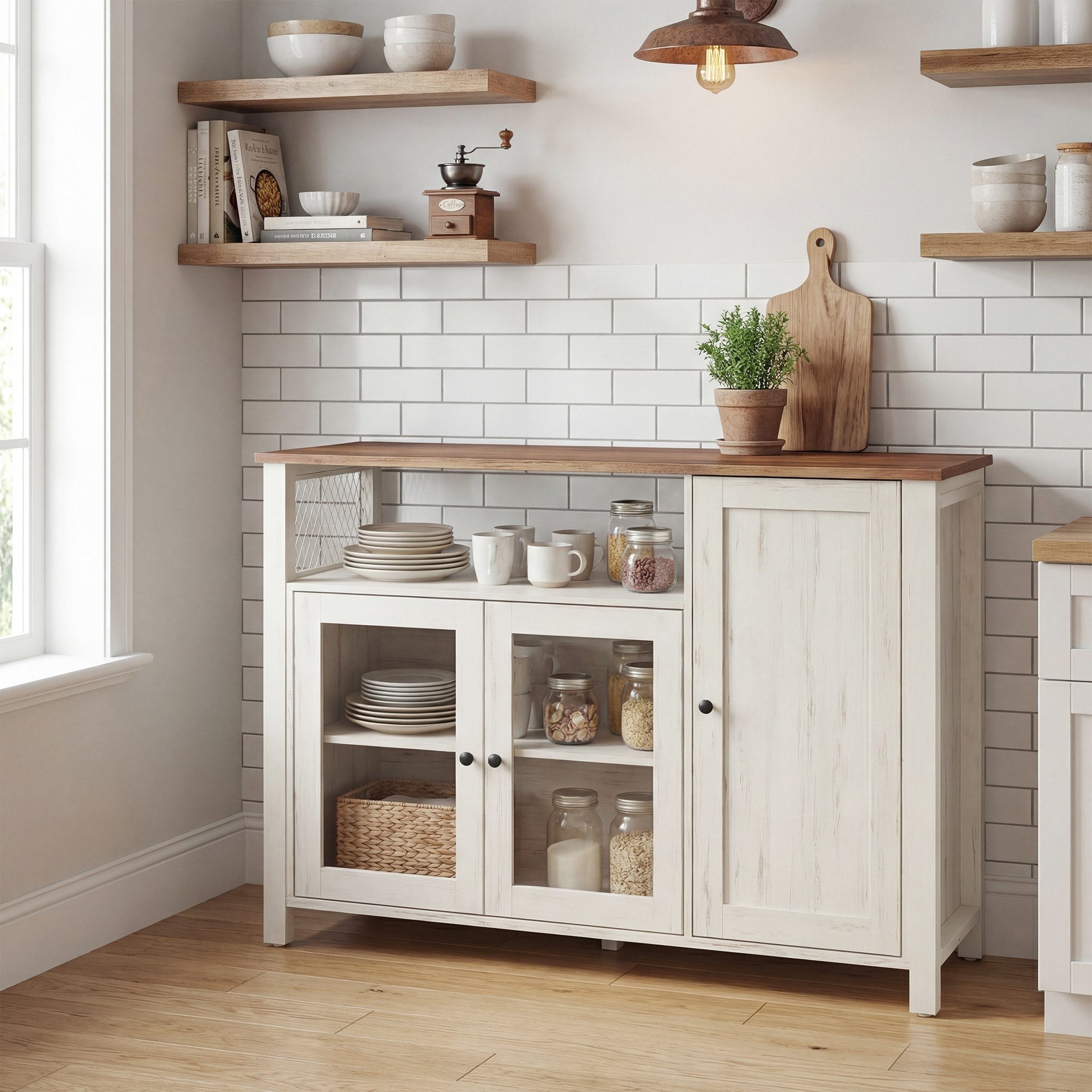 VASAGLE Buffet Sideboard, Küchenschrank, für Wohnzimmer, Esszimmer, 110x33x75 cm 3 Türen, Aufbewahrungsschrank, Landhausstil, honigbraun-vintageweiß