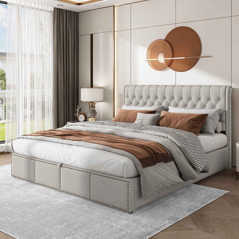 OKWISH Polsterbett Doppelbett (Baumwolle-Leinen, 180 x 200 cm, ohne Matratze), mit Hydraulikhebel, Aufbewahrung von Bettkästen, Nietenverzierung