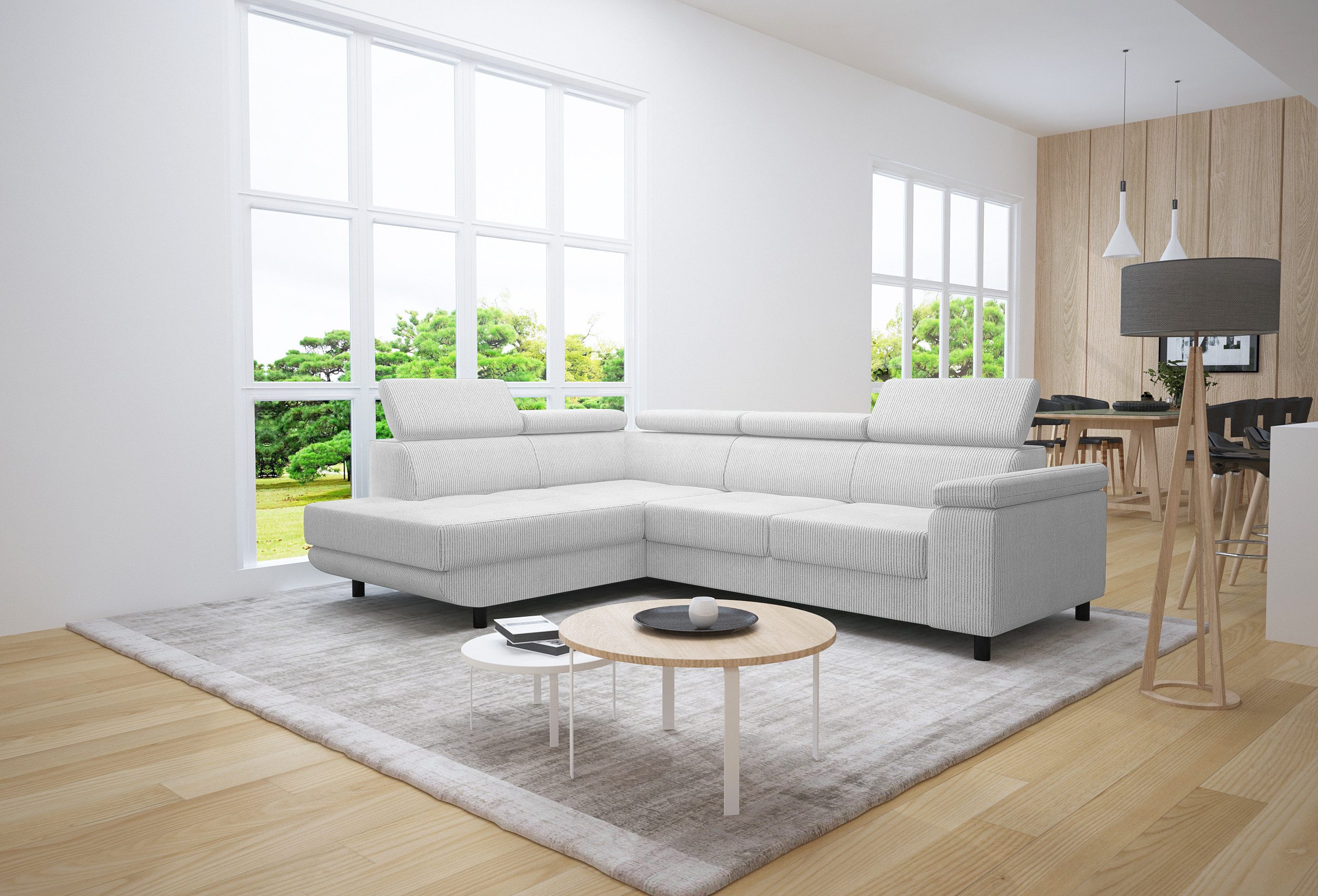 thematys Ecksofa LUNA L mit Schlaffunktion & Bettkasten – aus Velours oder Cord Stoff, mit 5 verstellbaren Kopfstützen, – L-Form 195×183 cm – Schlafsofa mit Auszug