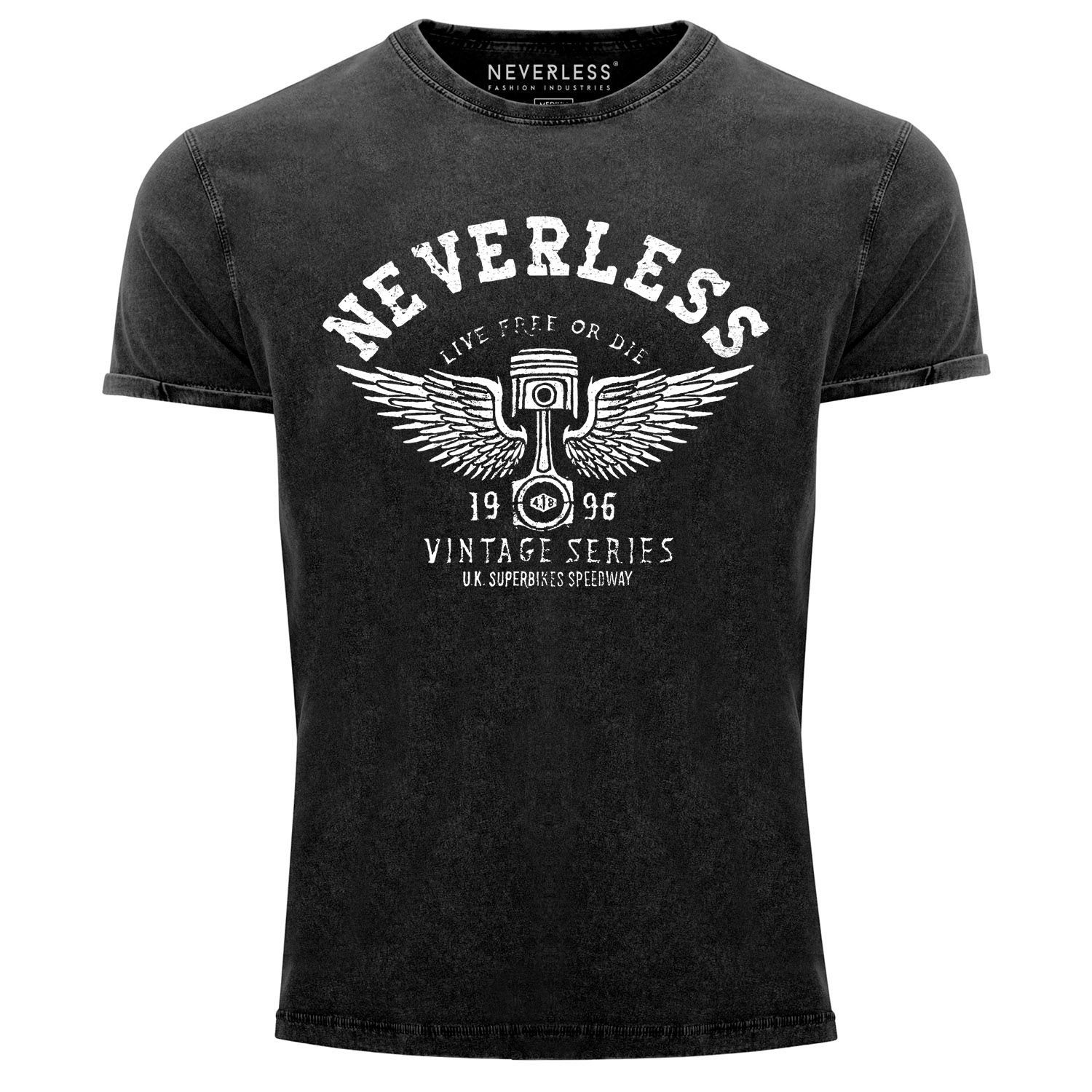 Retro Fit T-Shirt Print-Shirt Angesagtes Shirt Print Auto Kolben Vintage Cooles mit Neverless Slim Used Herren Neverless® schwarz Look