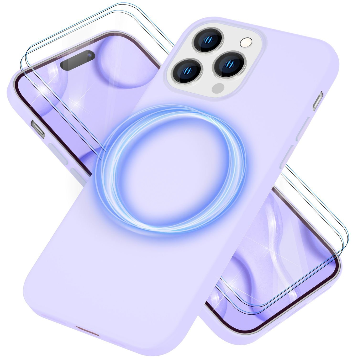 Nalia Smartphone-Hülle Apple iPhone 14 Pro, Liquid Silikon Hülle / MagSafe Funktion / 2x Schutzglas / Anti-Schmutz