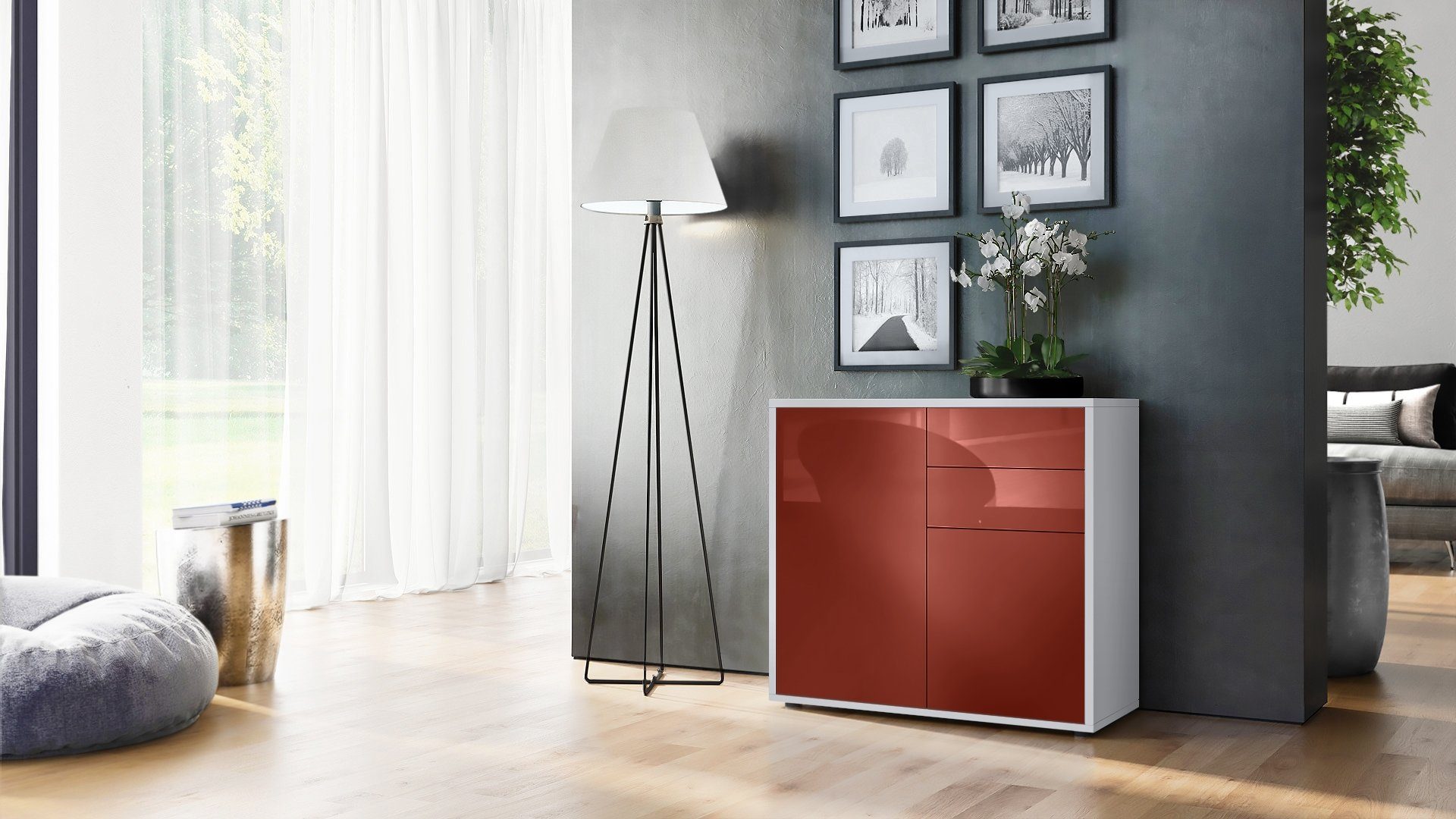 Vladon Kommode Ben V1 (Kommode, mit 2 Türen und 2 Schubladen), Weiß matt/Bordeaux Hochglanz (79 x 74 x 36 cm)