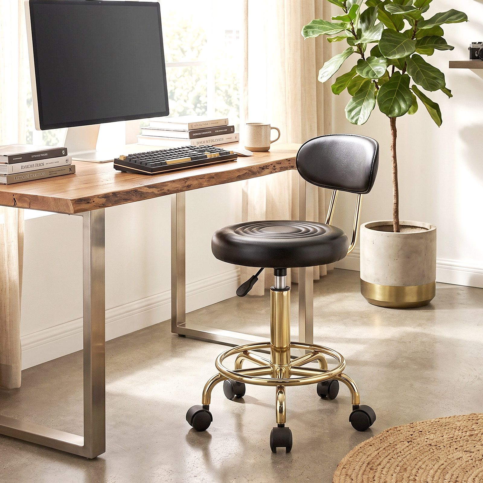 VINGLI Drehhocker Rollhocker Bürohocker Hocker für Salon, Tattoo-Studio, Büro, Zuhause, Höhenverstellbar 47-61,5 cm, mit Lehne Abnehmbar, 360 ° Drehbar – Bild 5 von 5