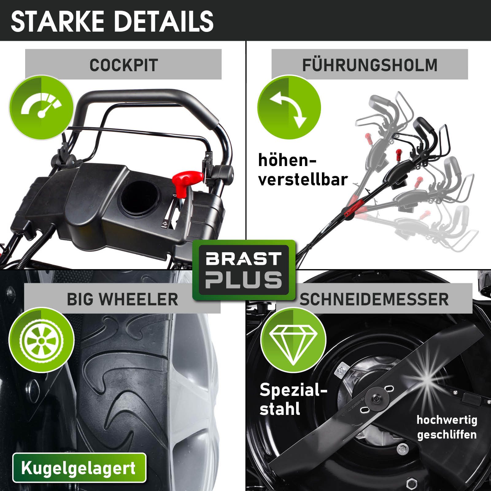 BRAST petrol lawnmower with drive, 3.5kW (4.76hp), electric start, 4-stroke OHV engine, 46 cm cutting width, 30-80mm cutting height, 60L grass catcher, steel housing, TÜV certified