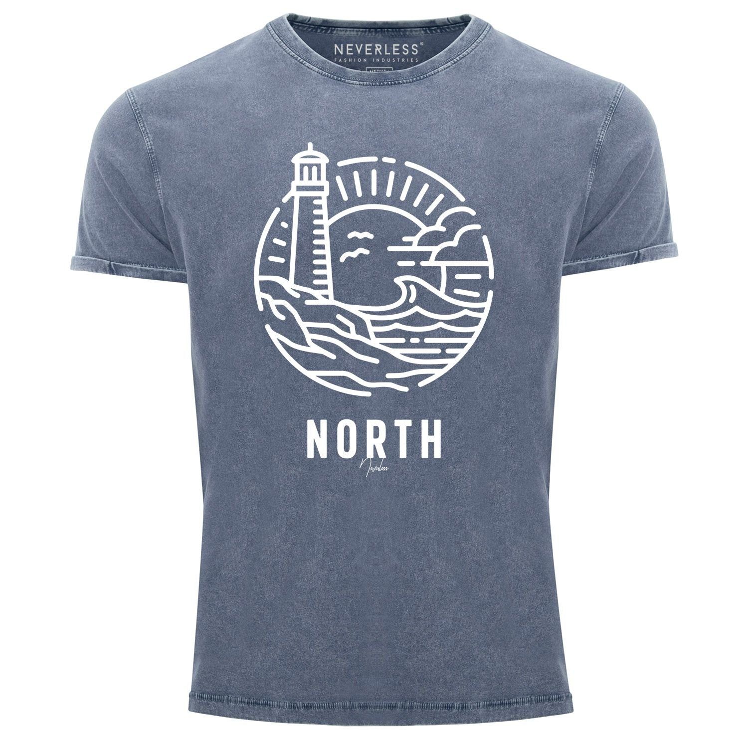 Neverless Print-Shirt Neverless® Herren T-Shirt Vintage Shirt Printshirt Logo Outline Art maritim Leuchtturm Welle Used Look Slim Fit mit Print blau