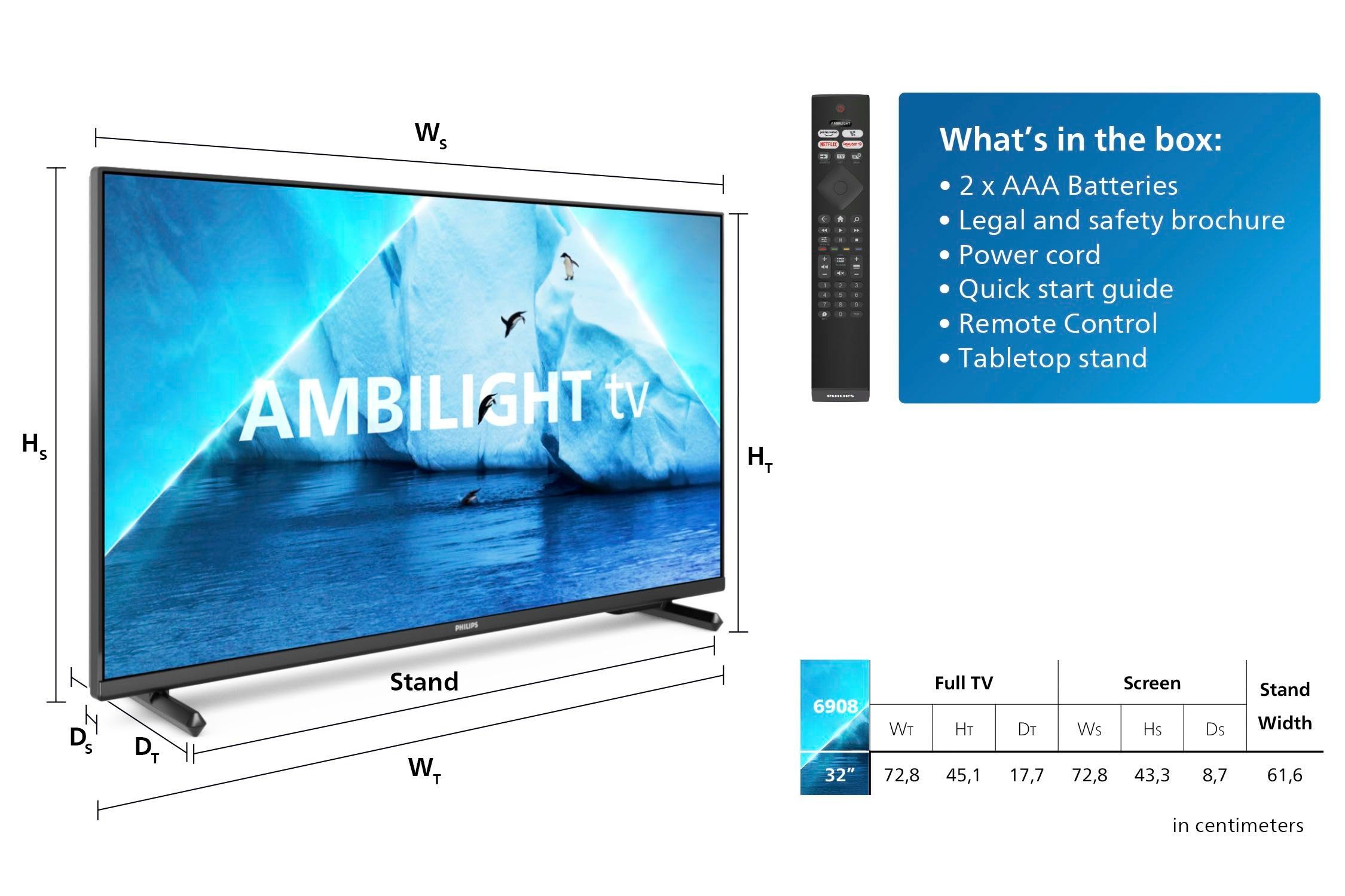 Full Zoll, LED-Fernseher HD, Philips cm/32 Smart-TV) 32PFS6908/12 (80