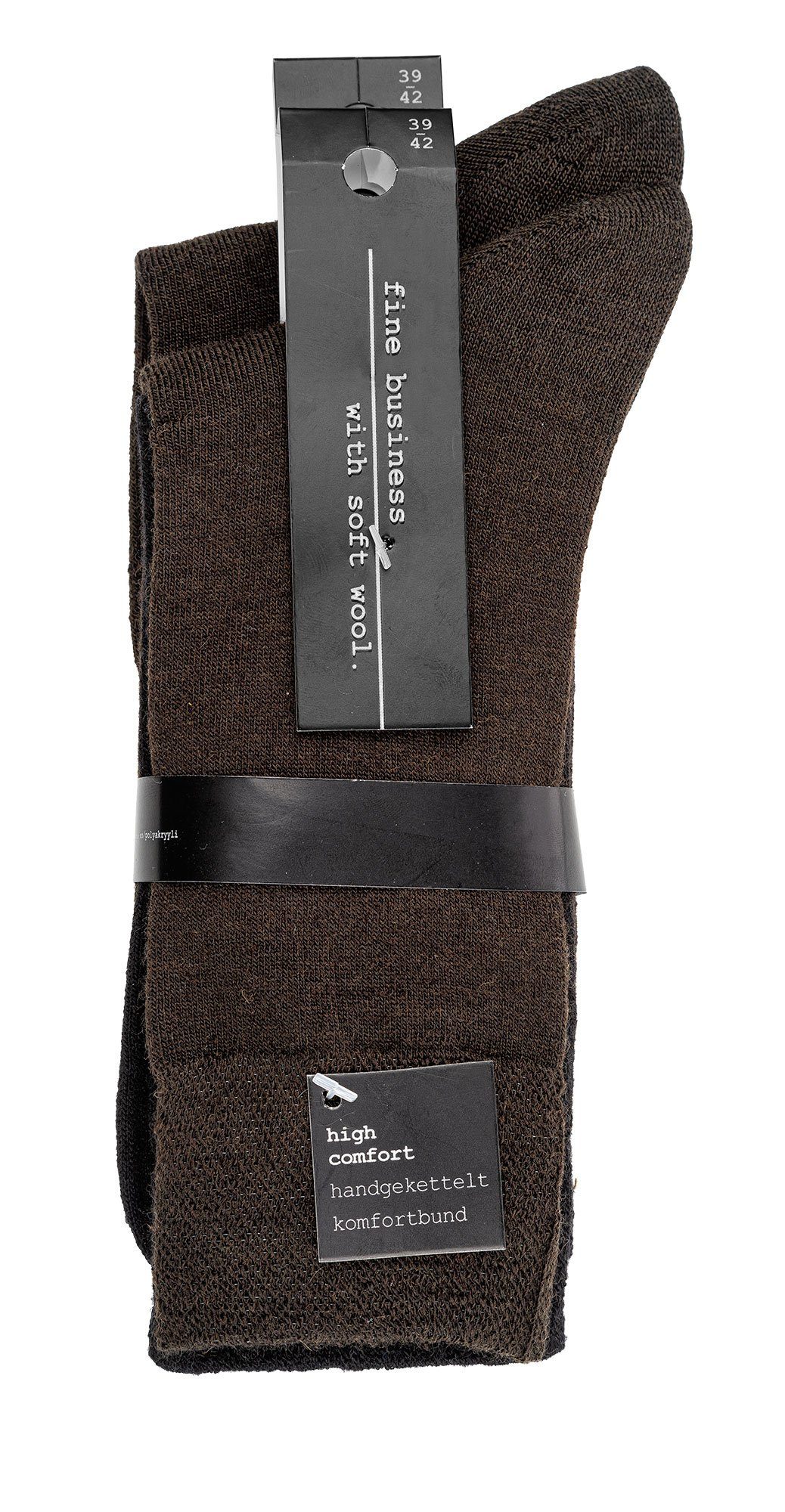 Paar handgekettelt, Businesssocken Business-Komfort-Socken TippTexx Wolle, Piqué-Bund 2 24 Dunkelbraun mit