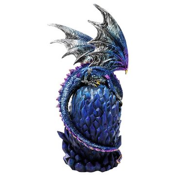 MystiCalls Fantasy-Figur Blauer Drache auf Drachenei Drachenfigur Fantasy Fantasyfigur Dragon (1 St), Perfekt zu jedem Anlass - Weihnachten, Geburtstag