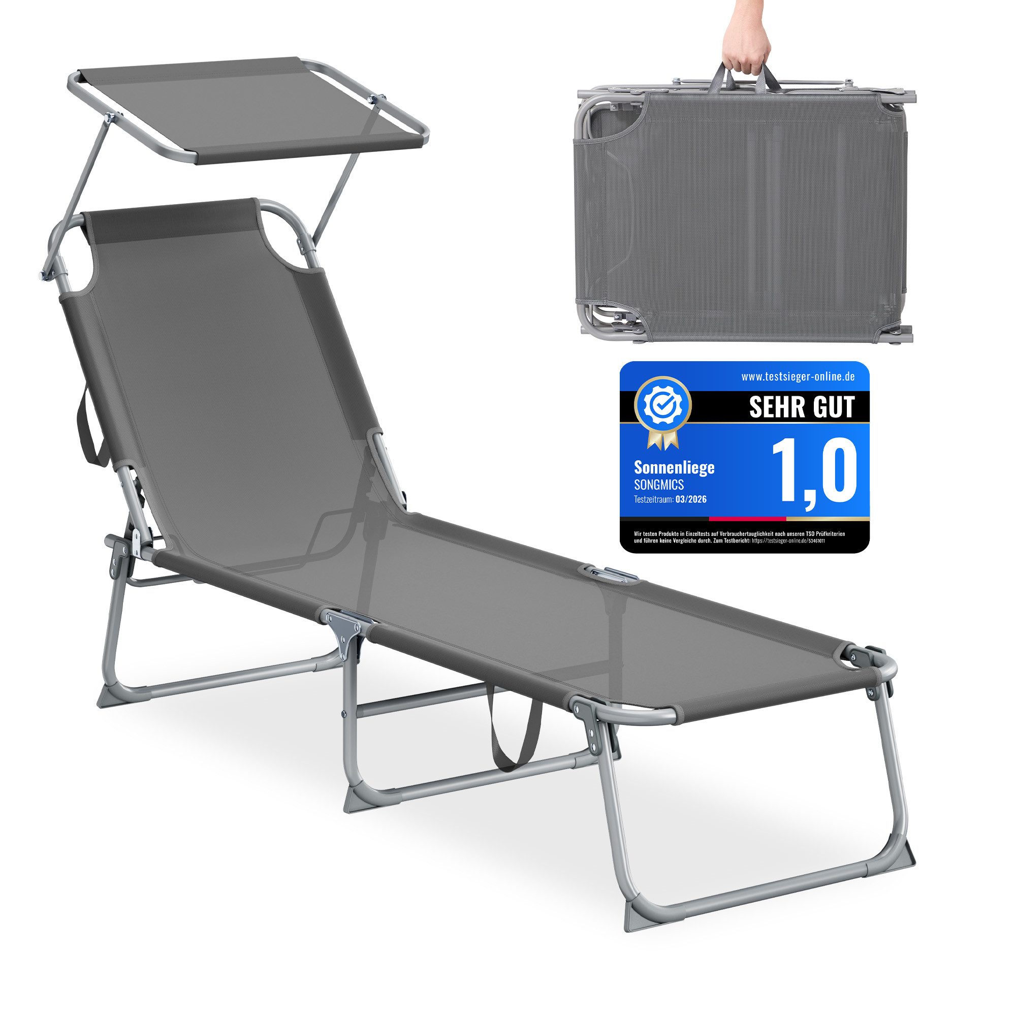 SONGMICS Gartenliege, Sonnenliege klappbar, belastbar bis 110 kg, verstellbare Sonnenblende