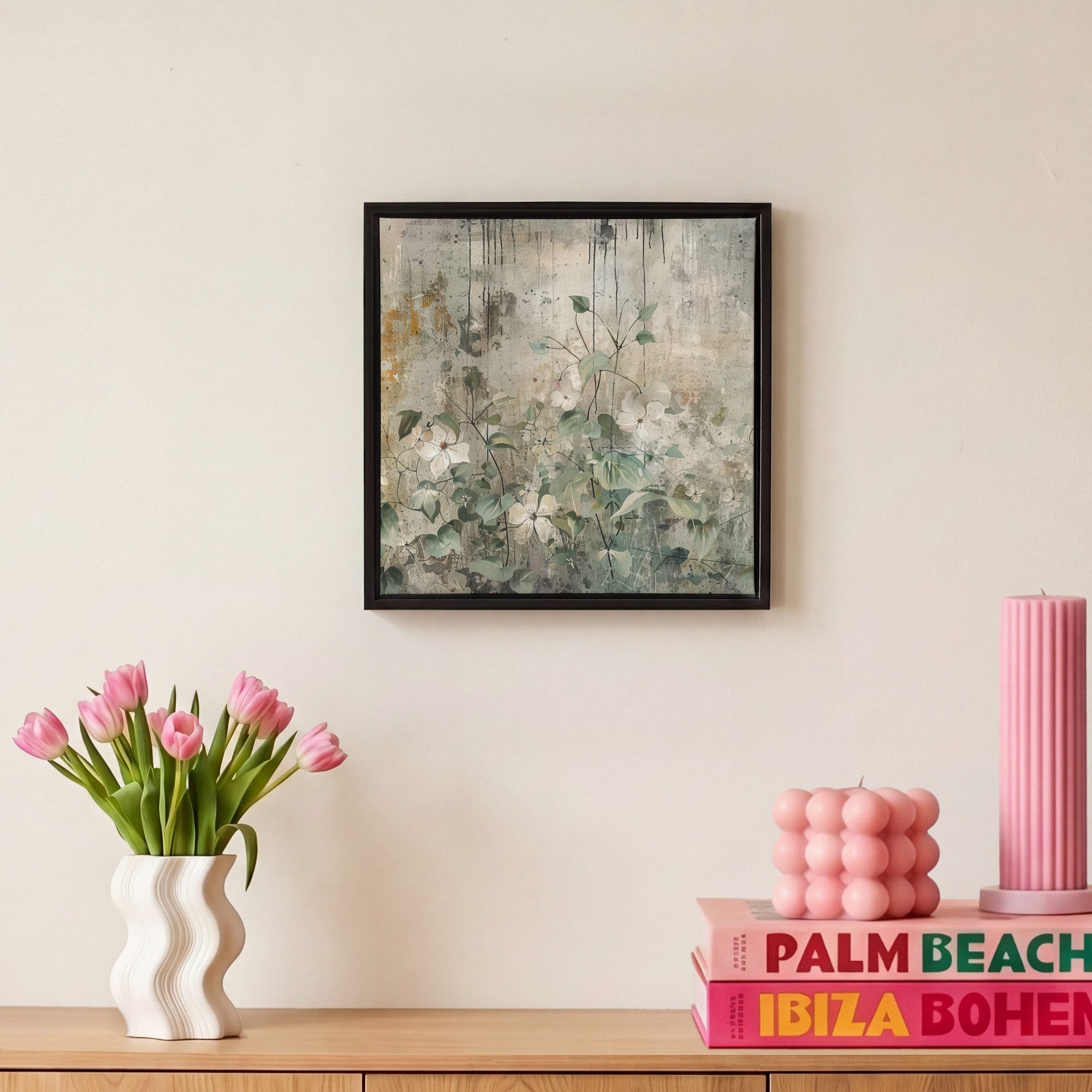 OneMillionCanvasses® Leinwandbild mit Rahmen - Blumen - Blätter - Abstrakt - Modern, Fotodruck (1 St), Leinwand Bilder Klein, Wand Dekoration Aesthetic 20x20cm – Bild 4 von 5